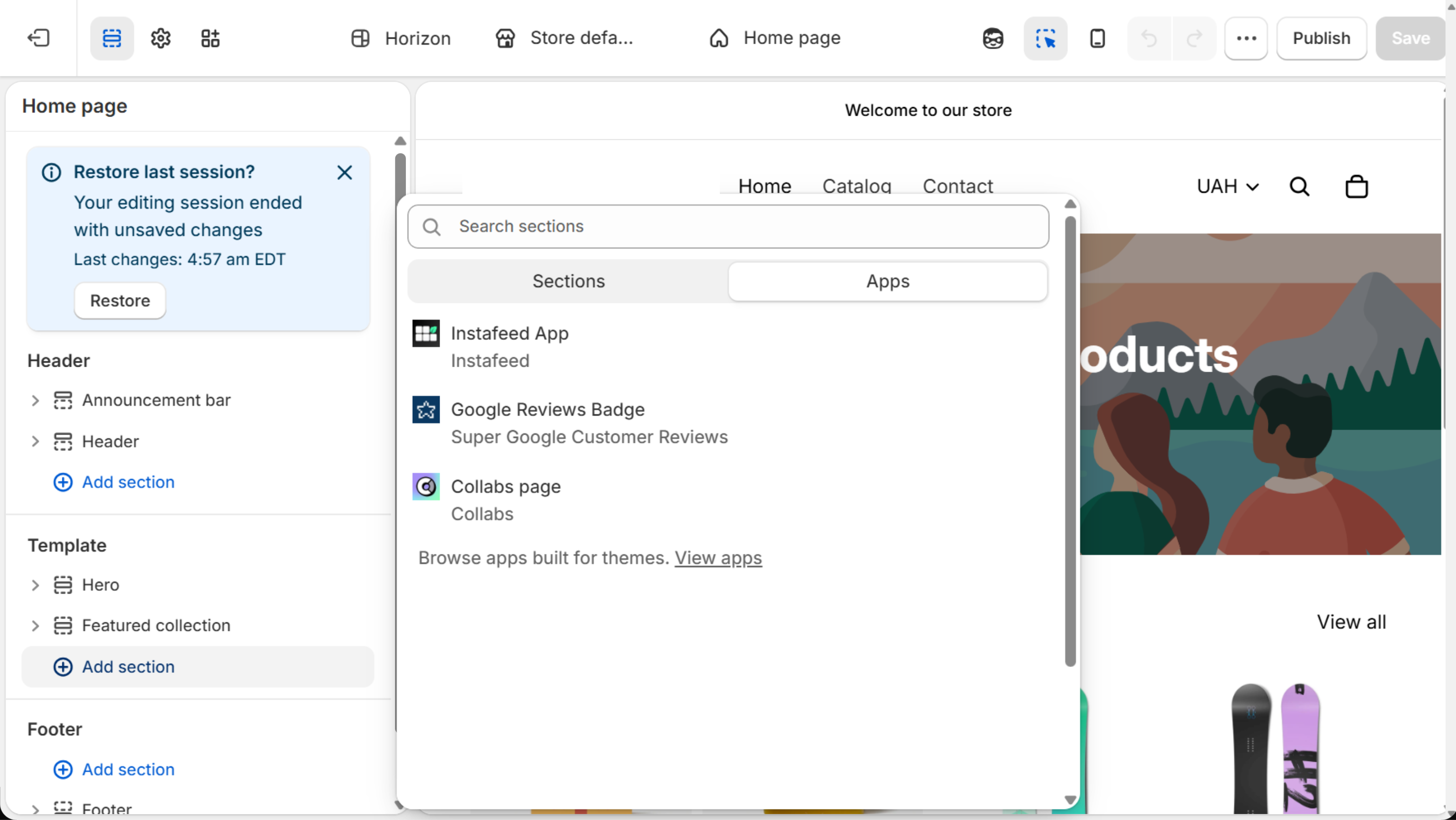 Shopify theme editor Add section picker on the Apps tab showing the Instafeed App block