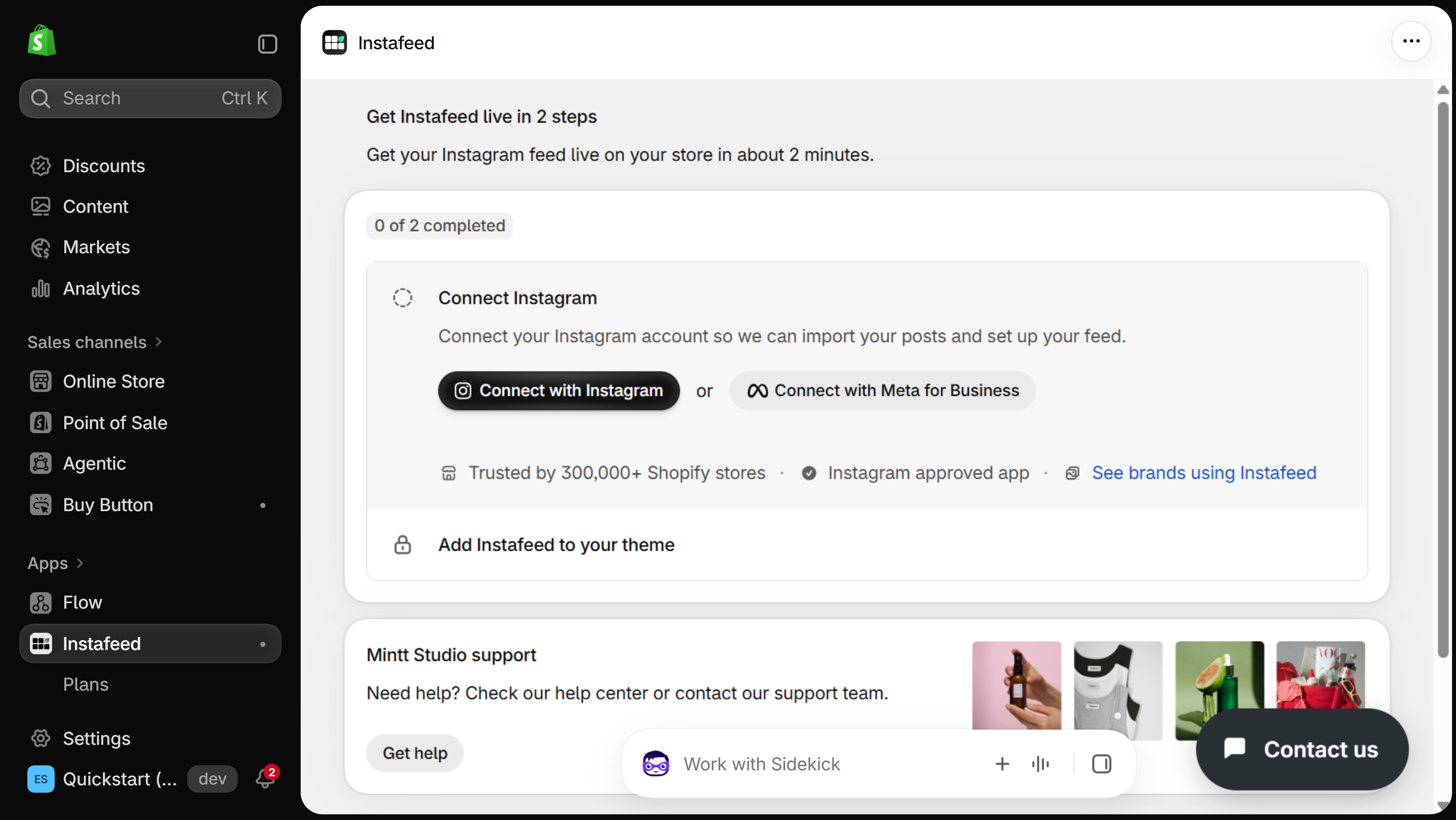Instafeed by Mintt Studio app page in the Shopify admin with Connect with Instagram and Connect with Meta for Business buttons