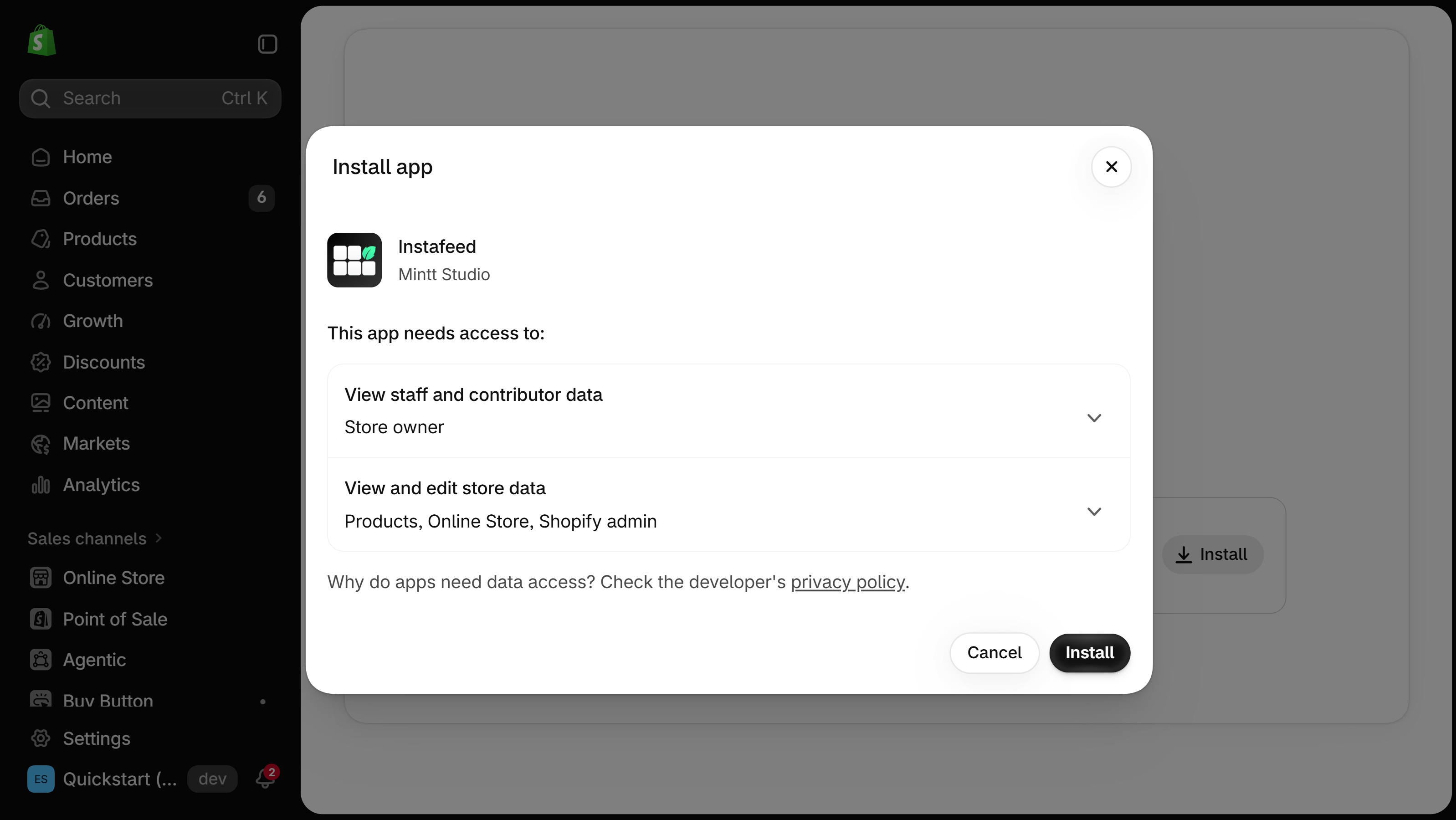 Shopify admin Install app dialog for Instafeed by Mintt Studio listing the store data it needs access to