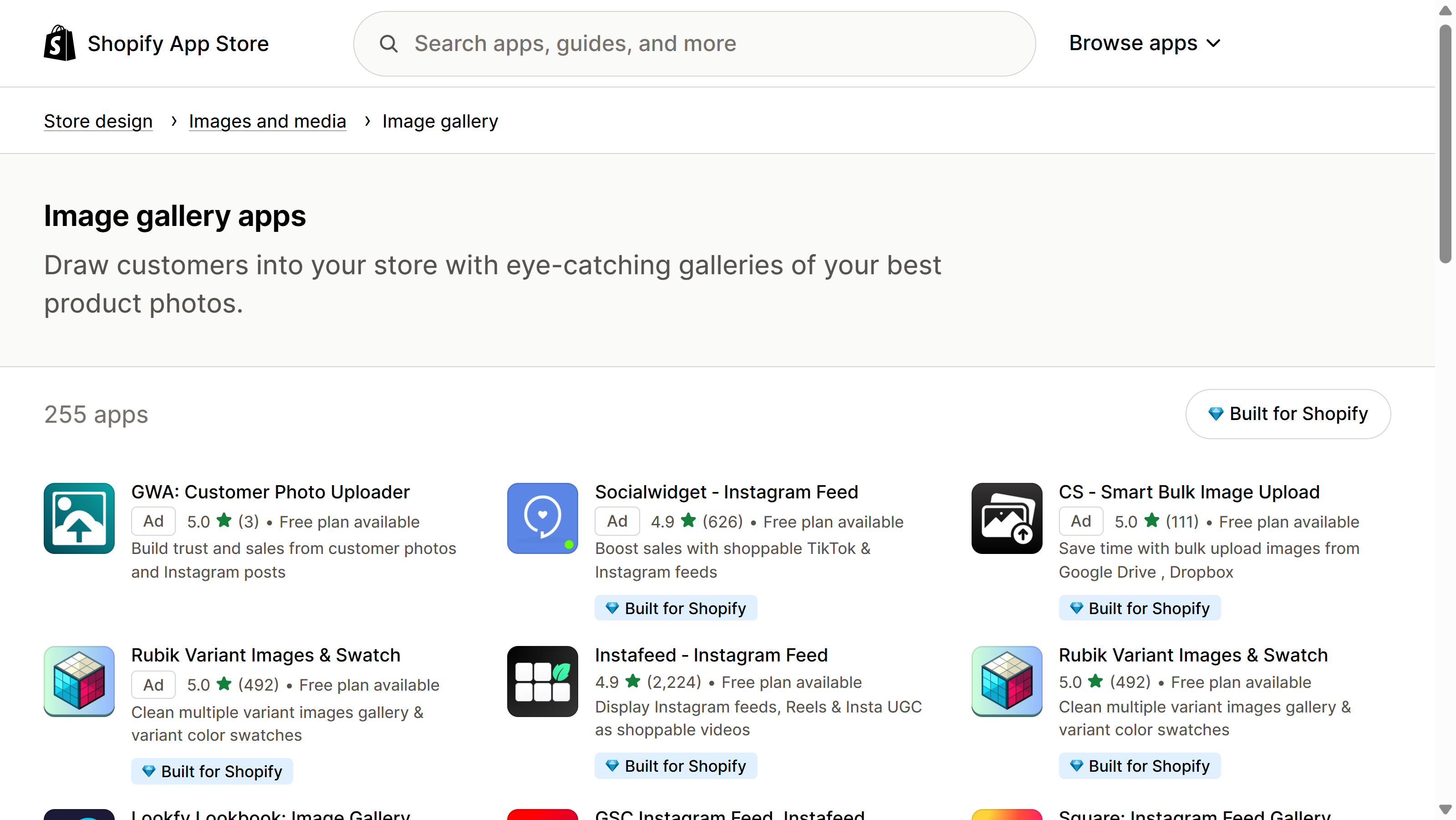 Shopify App Store Image gallery category page under Store design and Images and media, listing apps that include several Instagram feed apps