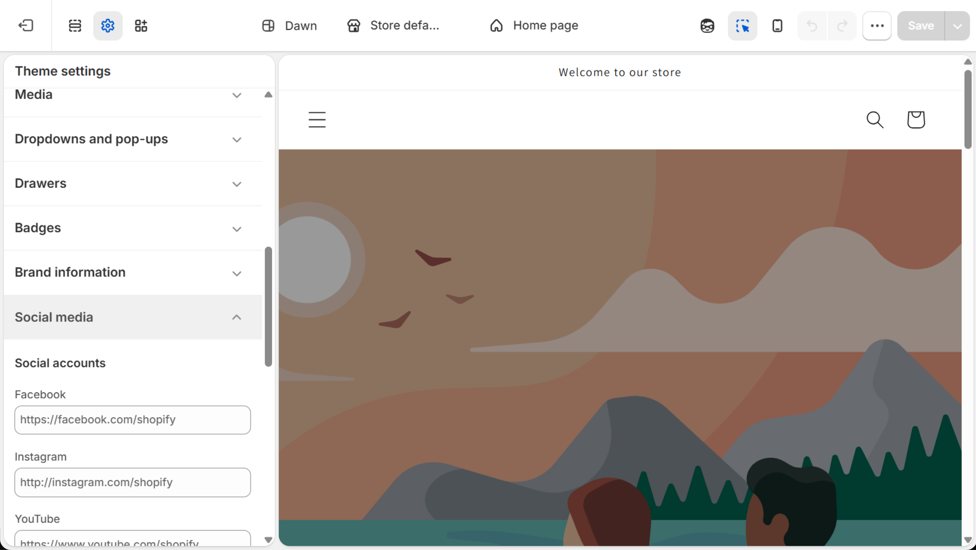 Dawn theme editor with Theme settings open at Social media, showing Social accounts fields for Facebook, Instagram and YouTube