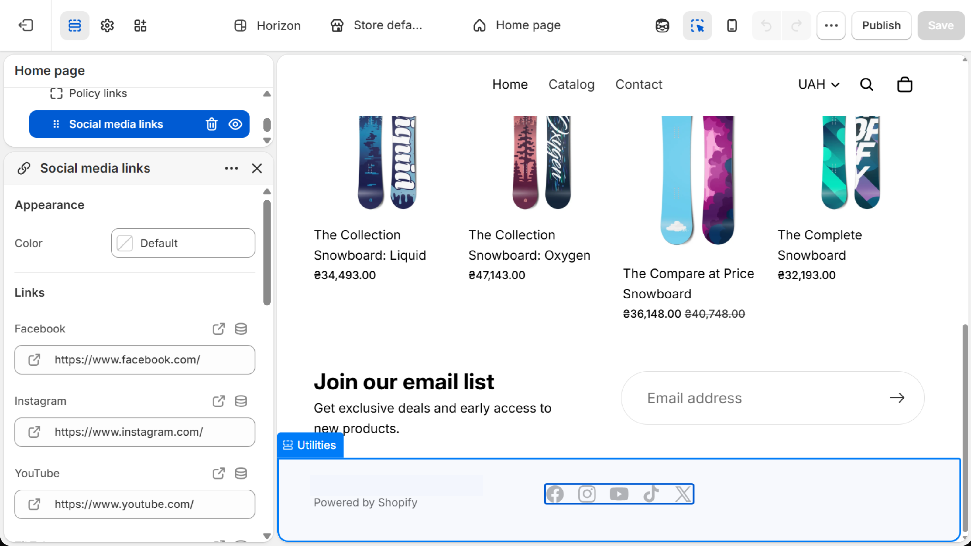 Horizon theme editor with the Social media links block selected in the footer Utilities section, showing Links fields for Facebook, Instagram and YouTube, with the social icons highlighted in the preview
