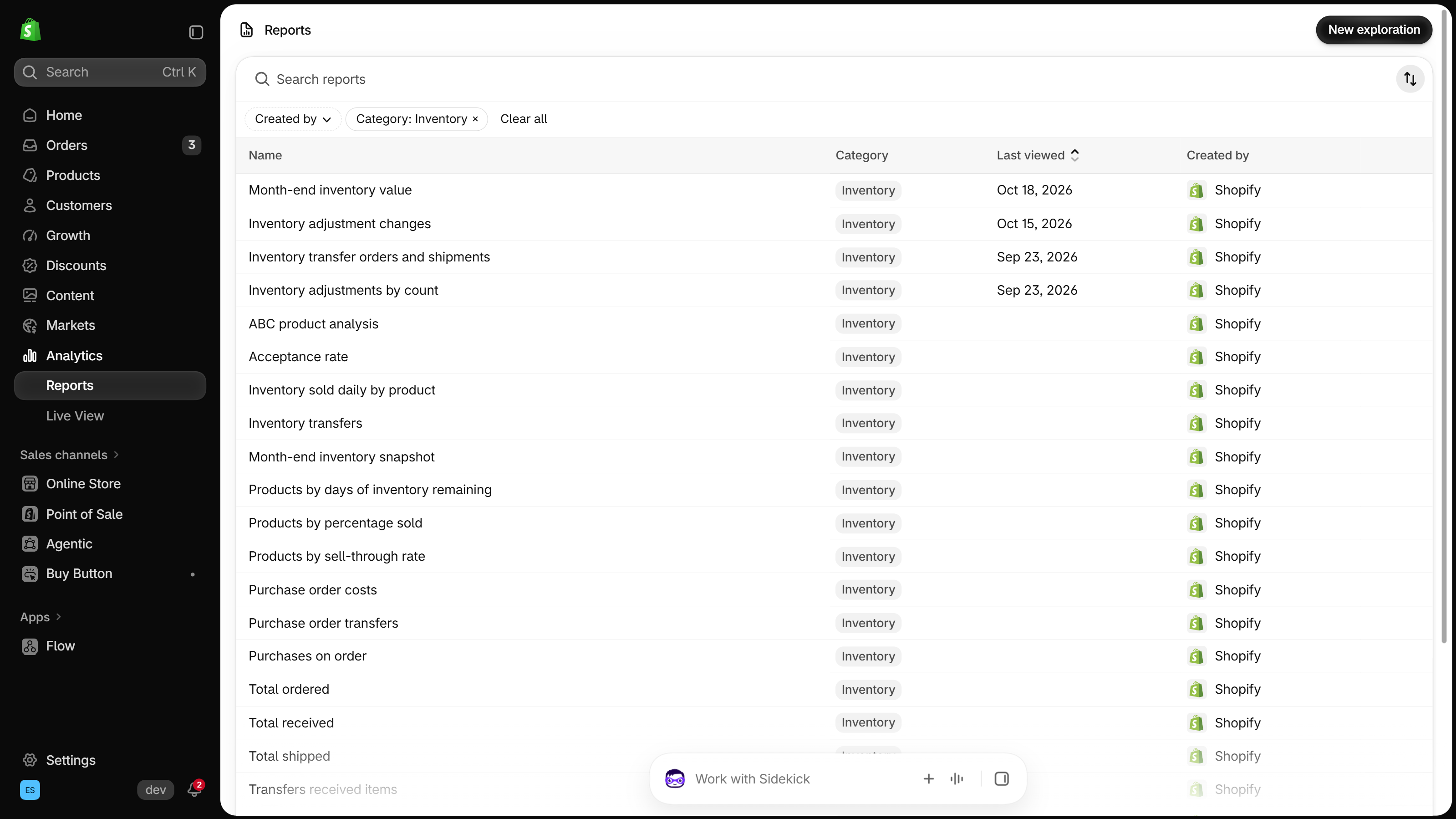 Shopify admin Reports page under Analytics filtered to the Inventory category, listing reports such as Month-end inventory value and Inventory adjustment changes