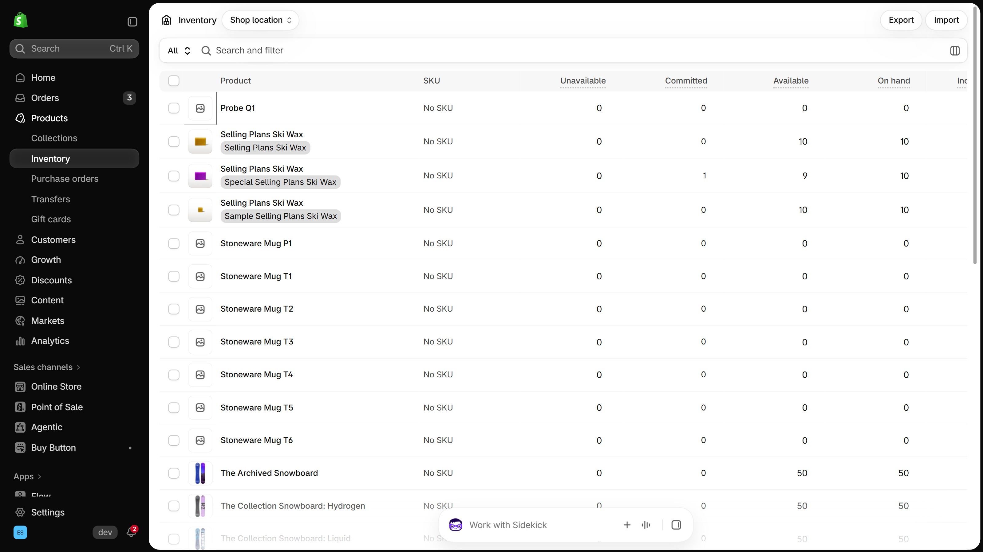 Shopify admin Inventory page under Products, with a location selector, Export and Import buttons, and columns for SKU, Unavailable, Committed, Available and On hand for each variant