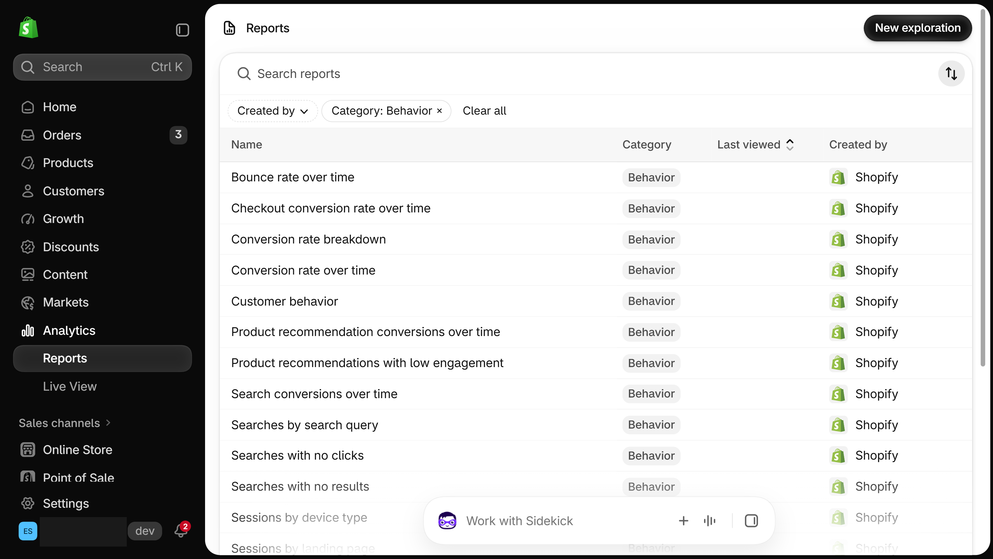 Shopify admin Reports list filtered to Category: Behavior, listing reports that include Search conversions over time, Searches by search query, Searches with no clicks and Searches with no results, all created by Shopify