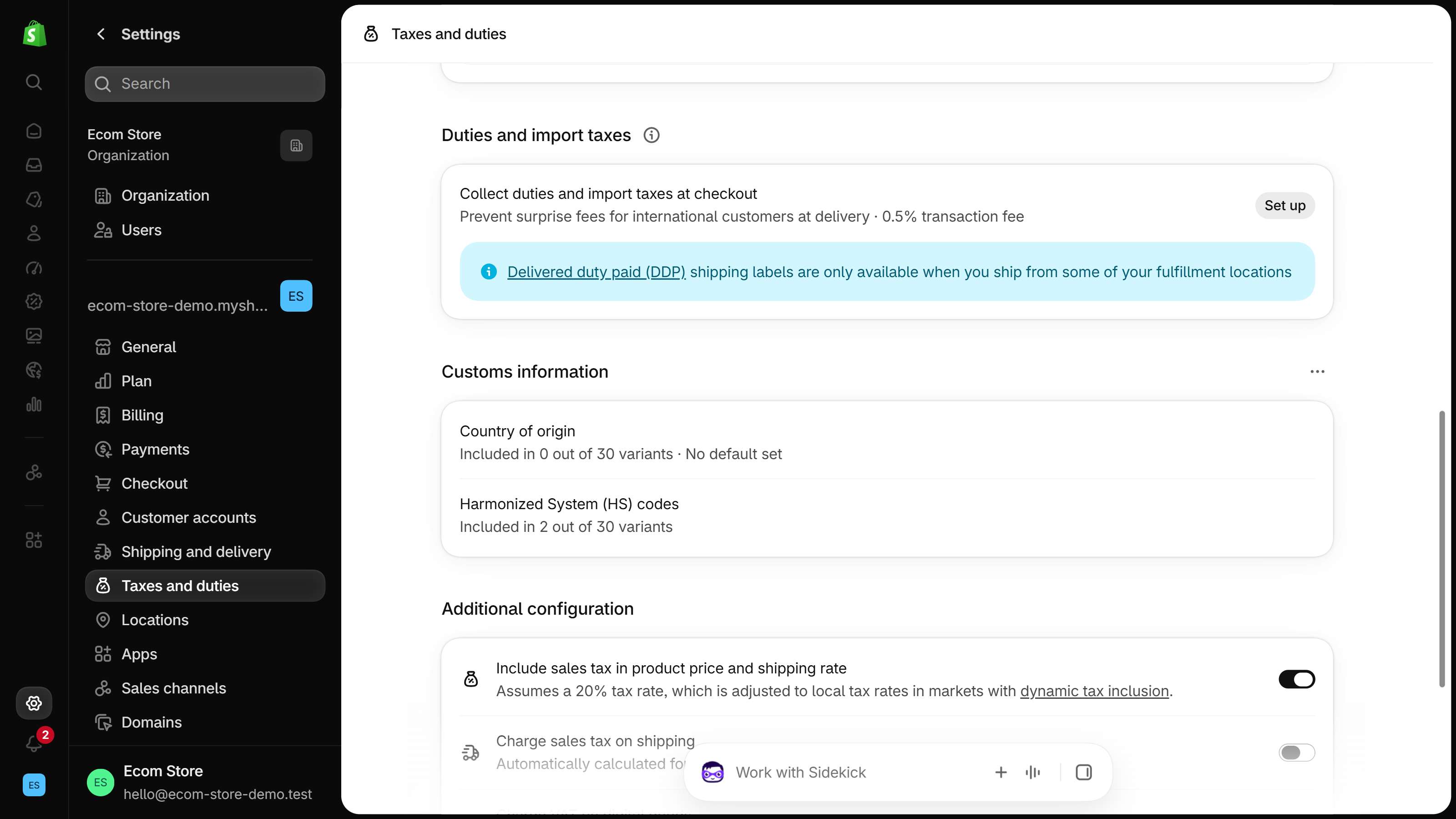 Shopify admin Settings, Taxes and duties page scrolled to the Duties and import taxes section: a card reading Collect duties and import taxes at checkout, Prevent surprise fees for international customers at delivery, 0.5% transaction fee, with a Set up button and a blue notice that Delivered duty paid (DDP) shipping labels are only available when you ship from some of your fulfillment locations. Below it, the Customs information section shows Country of origin included in 0 out of 30 variants and Harmonized System (HS) codes included in 2 out of 30 variants, and the Settings menu on the left highlights Taxes and duties.