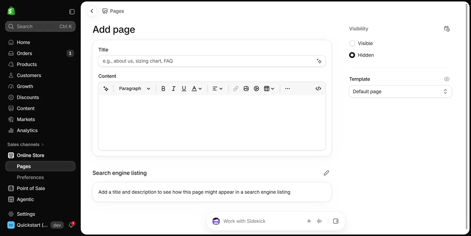 Shopify admin Add page form with Pages highlighted in the left menu, a Visibility setting with Visible and Hidden, and a Template drop-down set to Default page