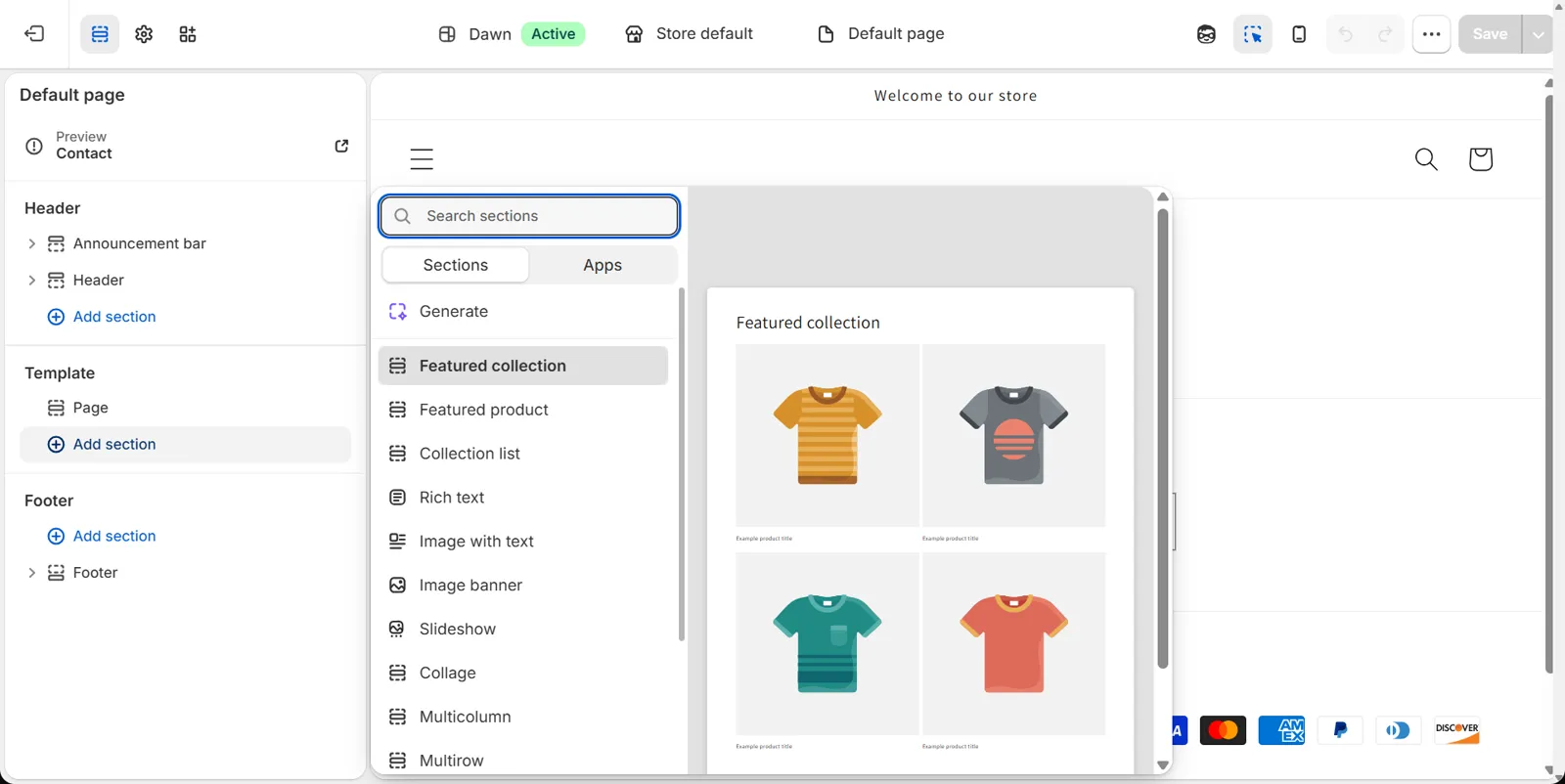 Add section picker in the Shopify theme editor on the Default page template, listing Dawn sections such as Rich text, Image with text, Image banner and Multicolumn