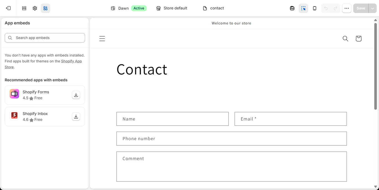 App embeds panel in the Shopify theme editor showing that no apps with embeds are installed, with a search box and suggested apps