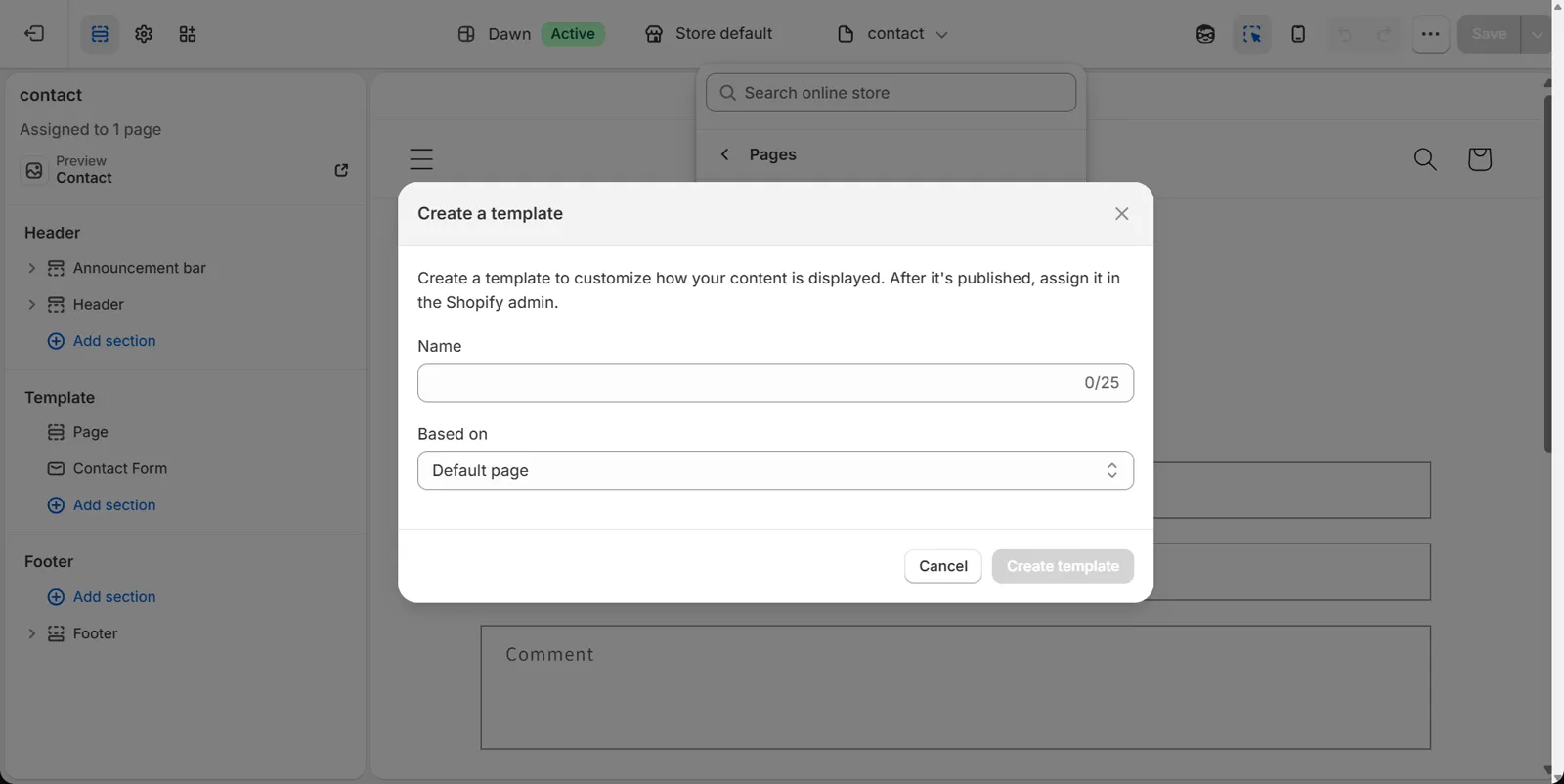 Create a template dialog in the Shopify theme editor with an empty Name field and a Based on drop-down set to Default page