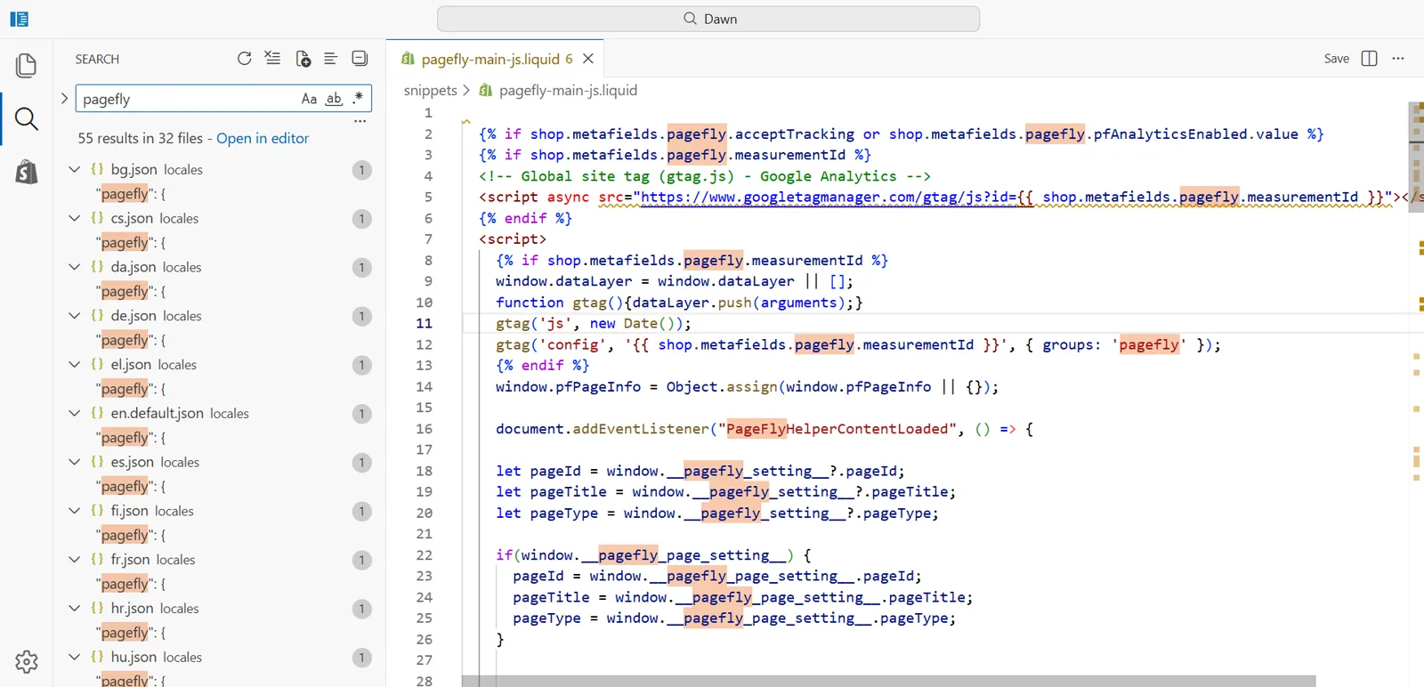 Shopify theme code editor searching for pagefly after the app was uninstalled, showing 55 results in 32 files including a pagefly-main-js.liquid snippet and locale files