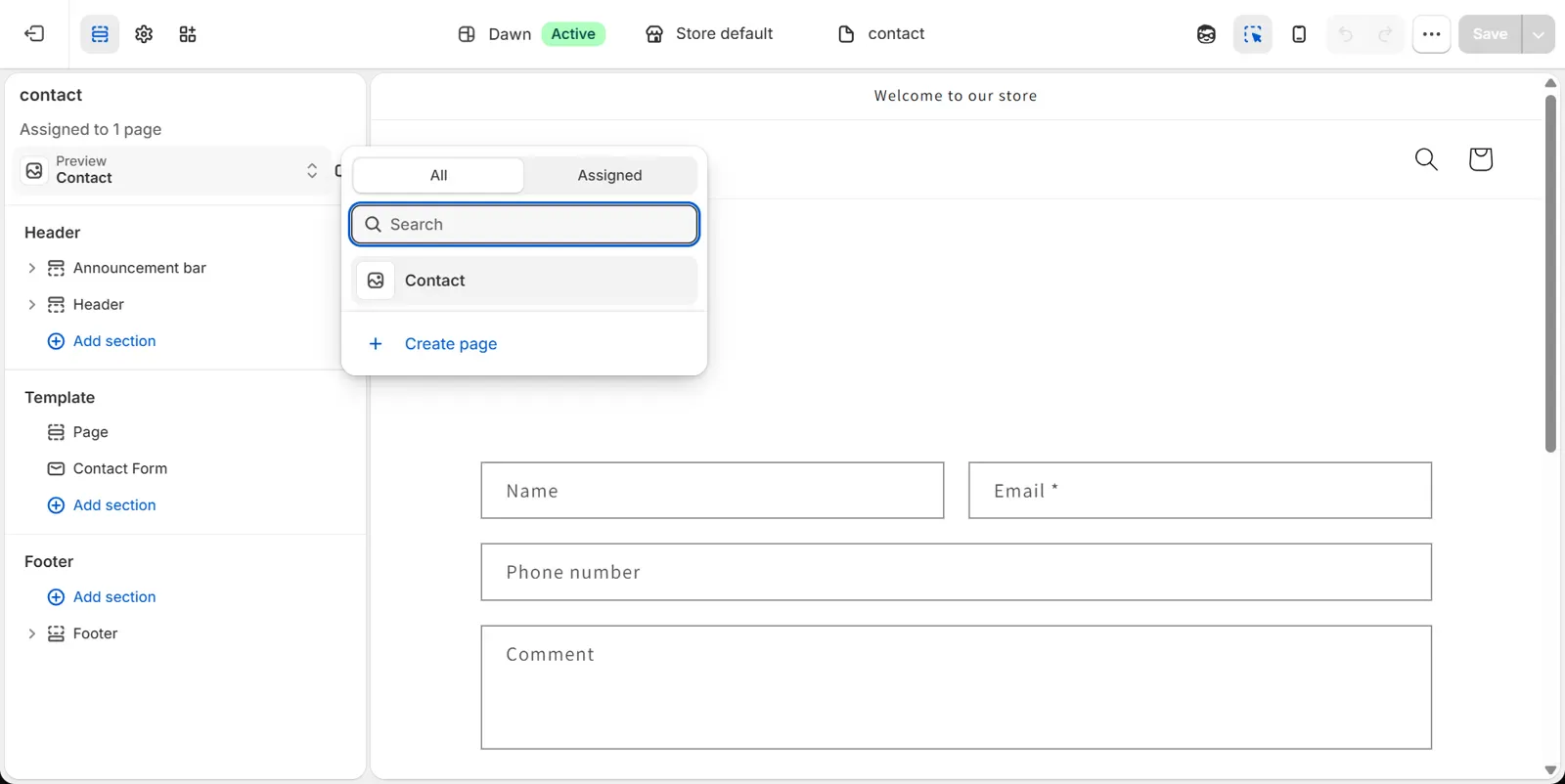 Shopify theme editor on a page template, with the template's sections and an Add section button in the left panel and the Preview page picker open