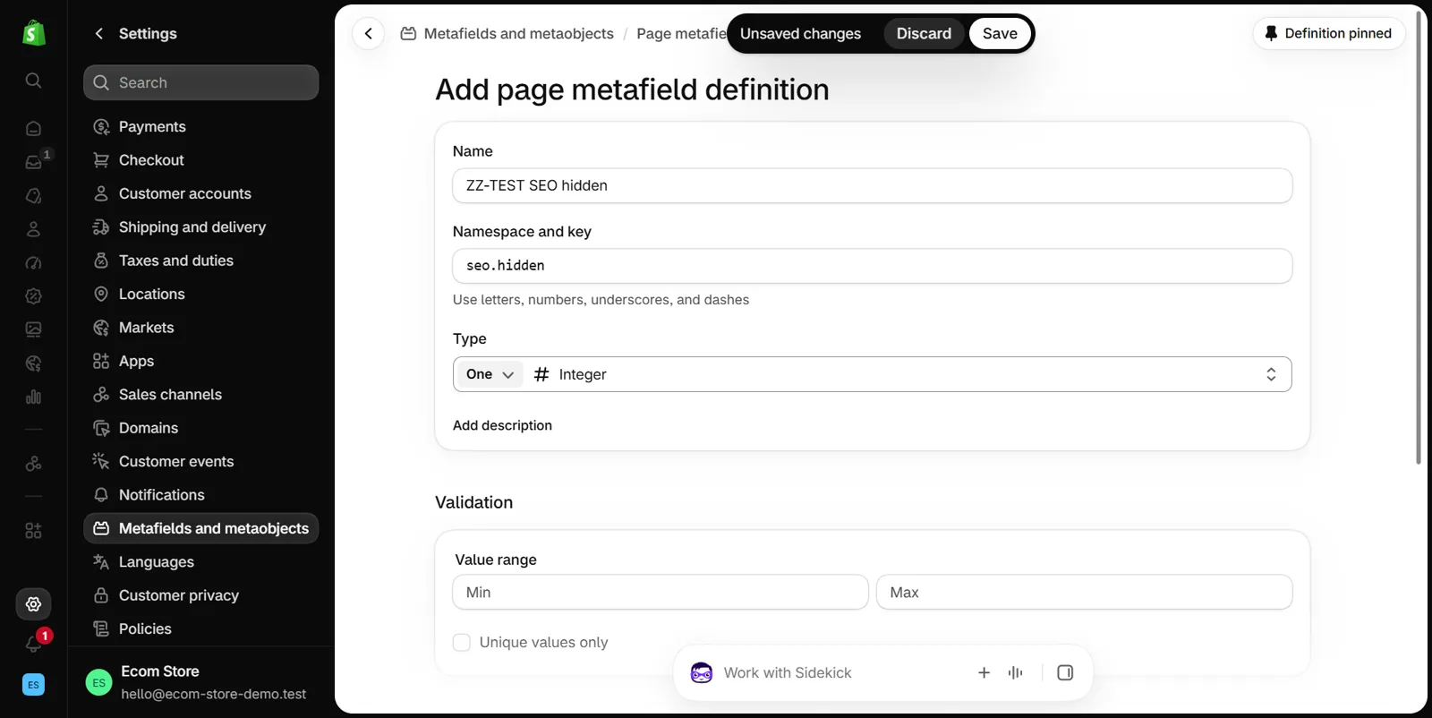 Add page metafield definition form in Shopify settings with Namespace and key set to seo.hidden and the type set to Integer