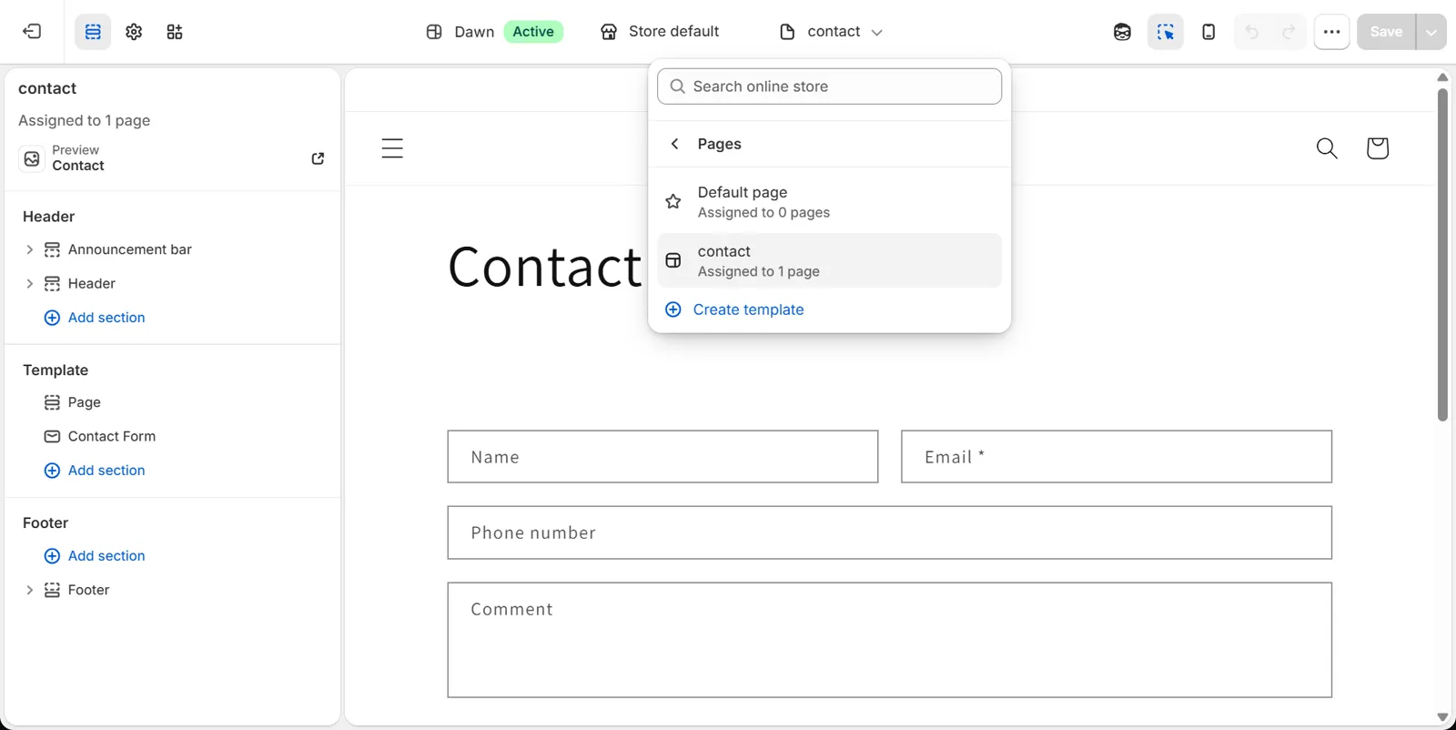 Shopify theme editor with the template drop-down open on Pages, listing Default page, contact and a Create template link