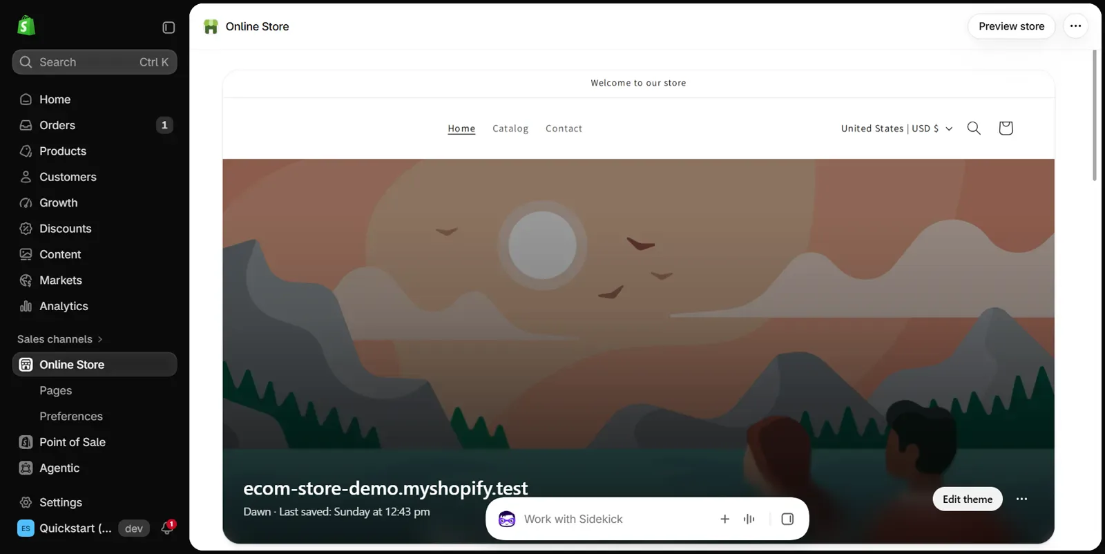 Shopify admin Online Store page with Online Store highlighted in the left menu and the live Dawn theme's card with an Edit theme button