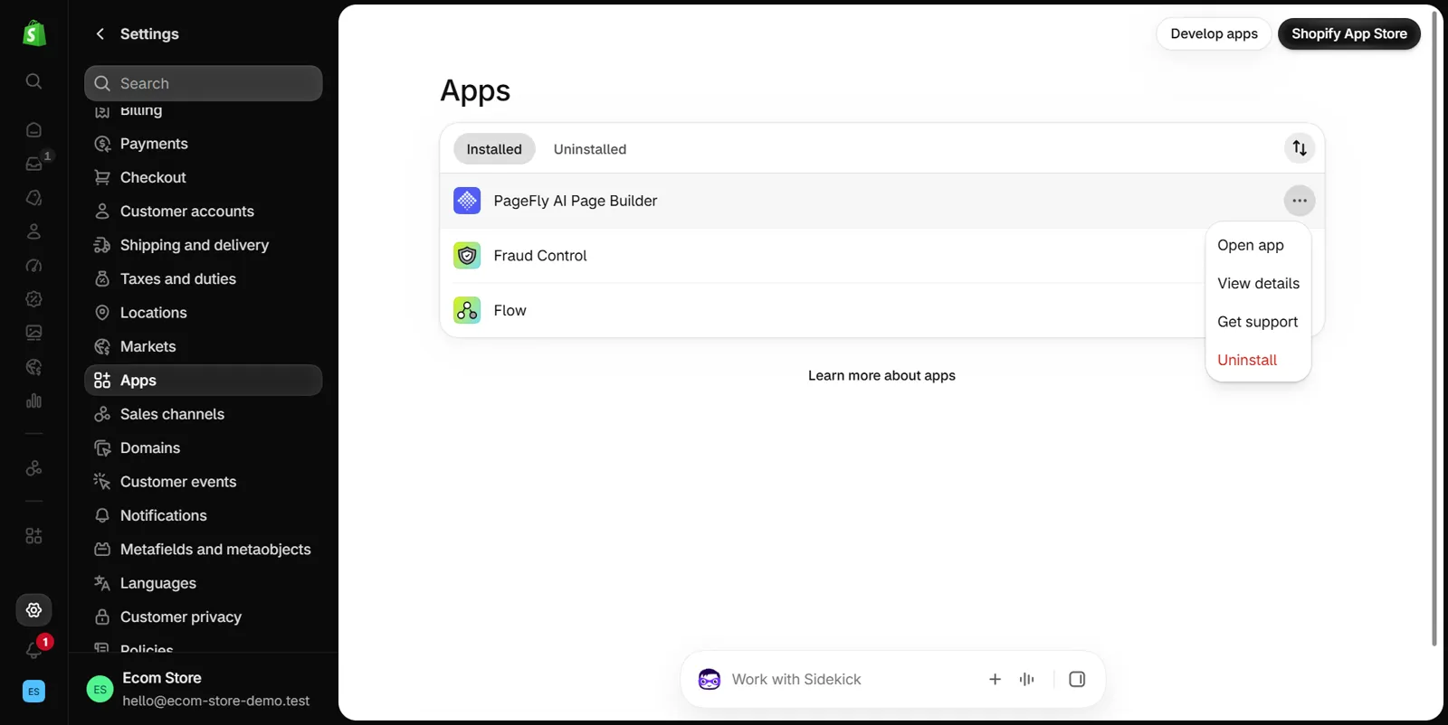 Shopify Settings Apps page with the three-dot menu open on the PageFly row, showing Open app, View details, Get support and Uninstall