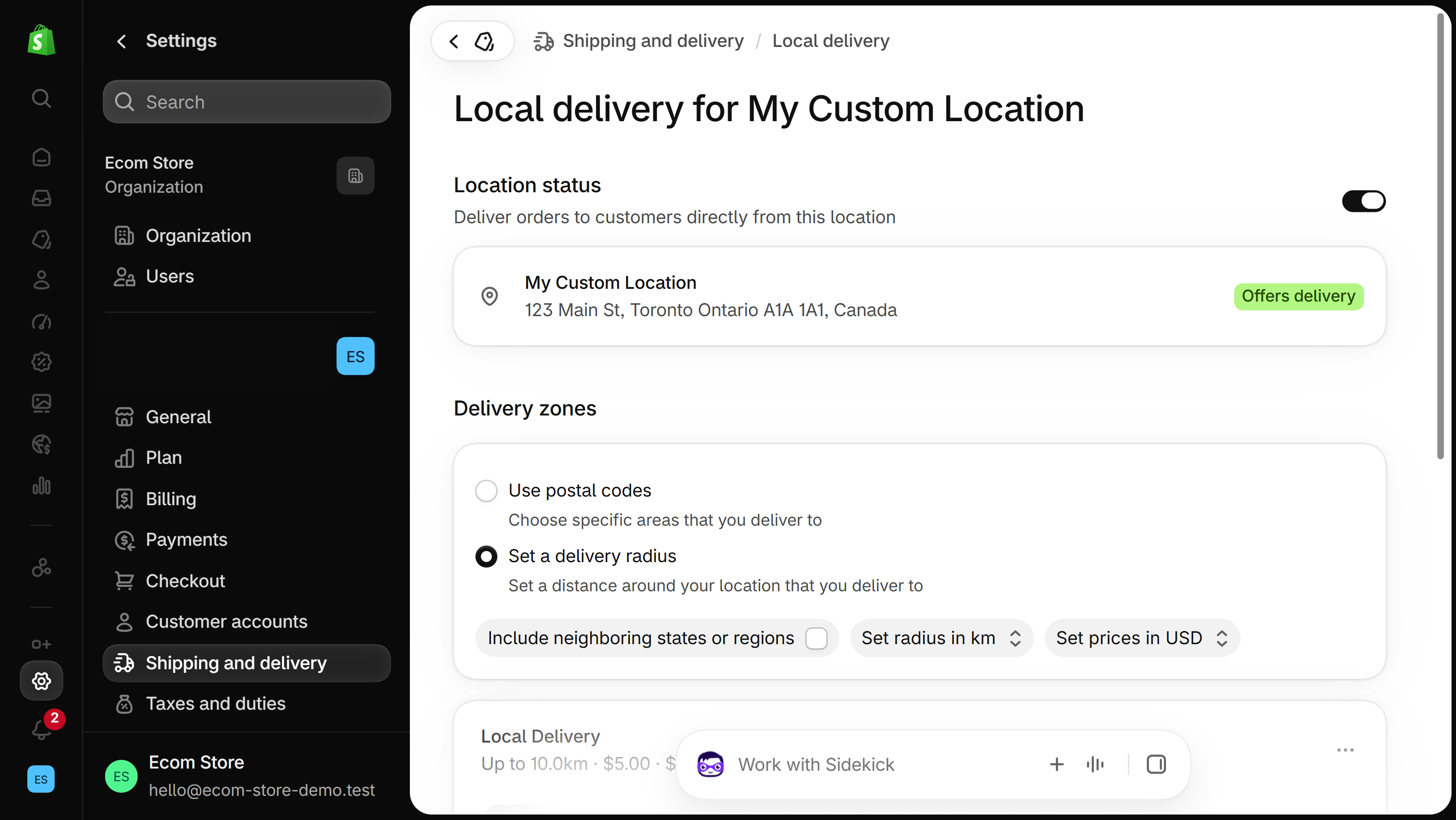 Local delivery page for one location with the Location status switch on and Delivery zones set to a radius, plus an Include neighboring states or regions checkbox
