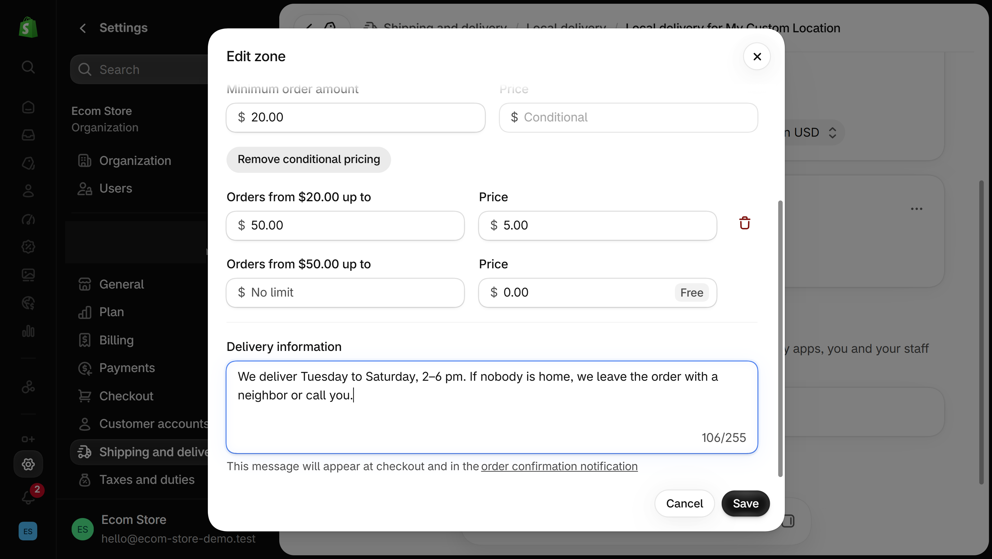 Delivery information box in the Edit zone dialog holding a note on delivery days, with the hint that it appears at checkout and in the order confirmation