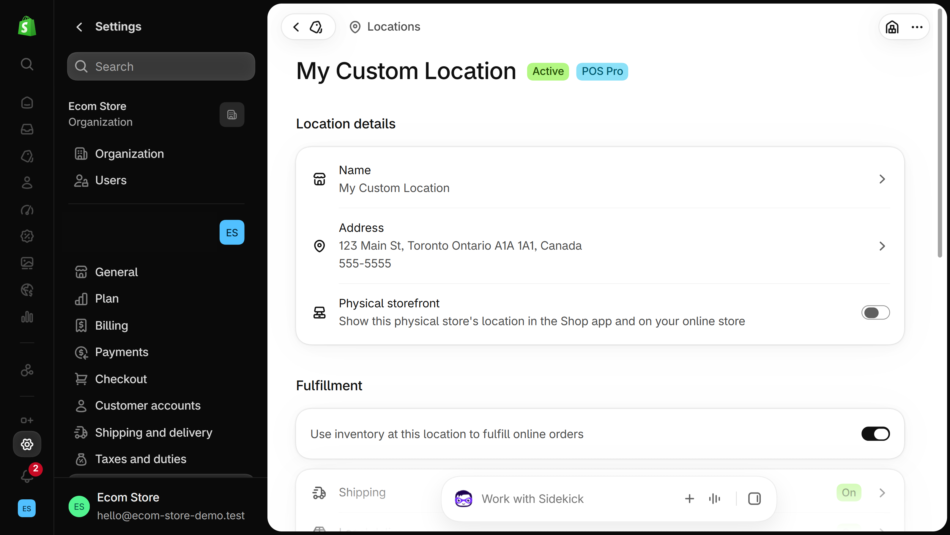 Location details for My Custom Location: name, address with phone, Physical storefront switch, and the Use inventory at this location to fulfill online orders switch turned on