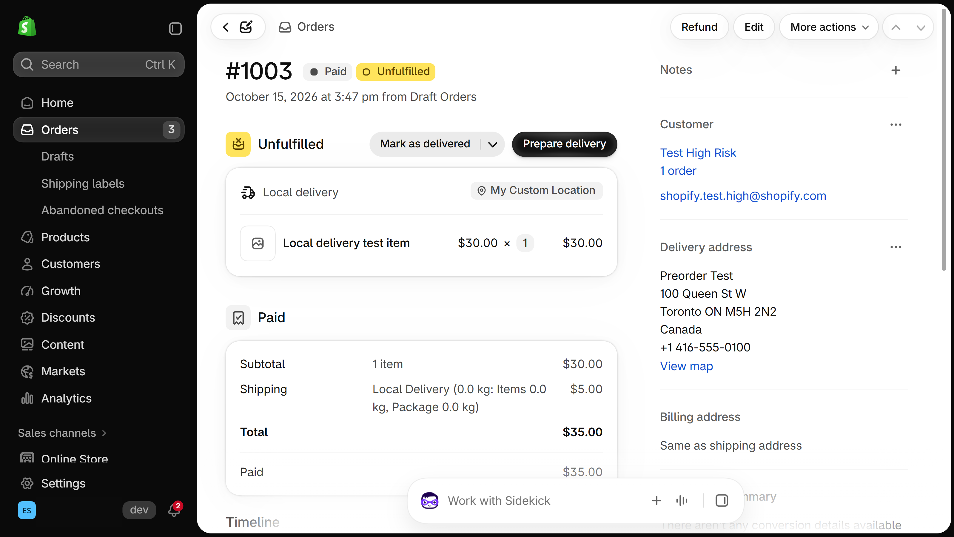Order 1003, paid and unfulfilled, with a Local delivery card from My Custom Location and the Prepare delivery and Mark as delivered buttons
