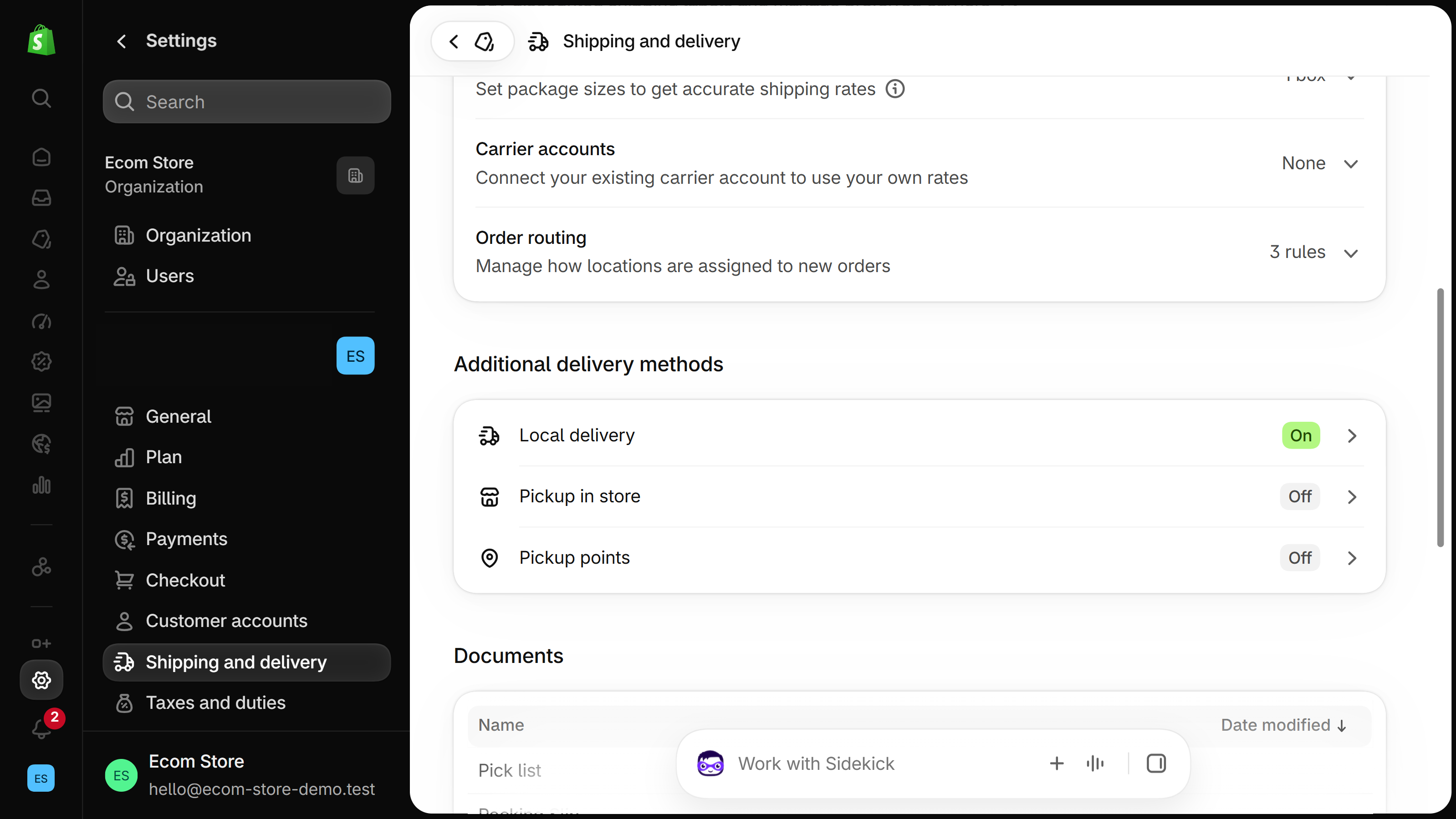 Shopify Settings, Shipping and delivery page scrolled to Additional delivery methods: Local delivery, Pickup in store and Pickup points rows