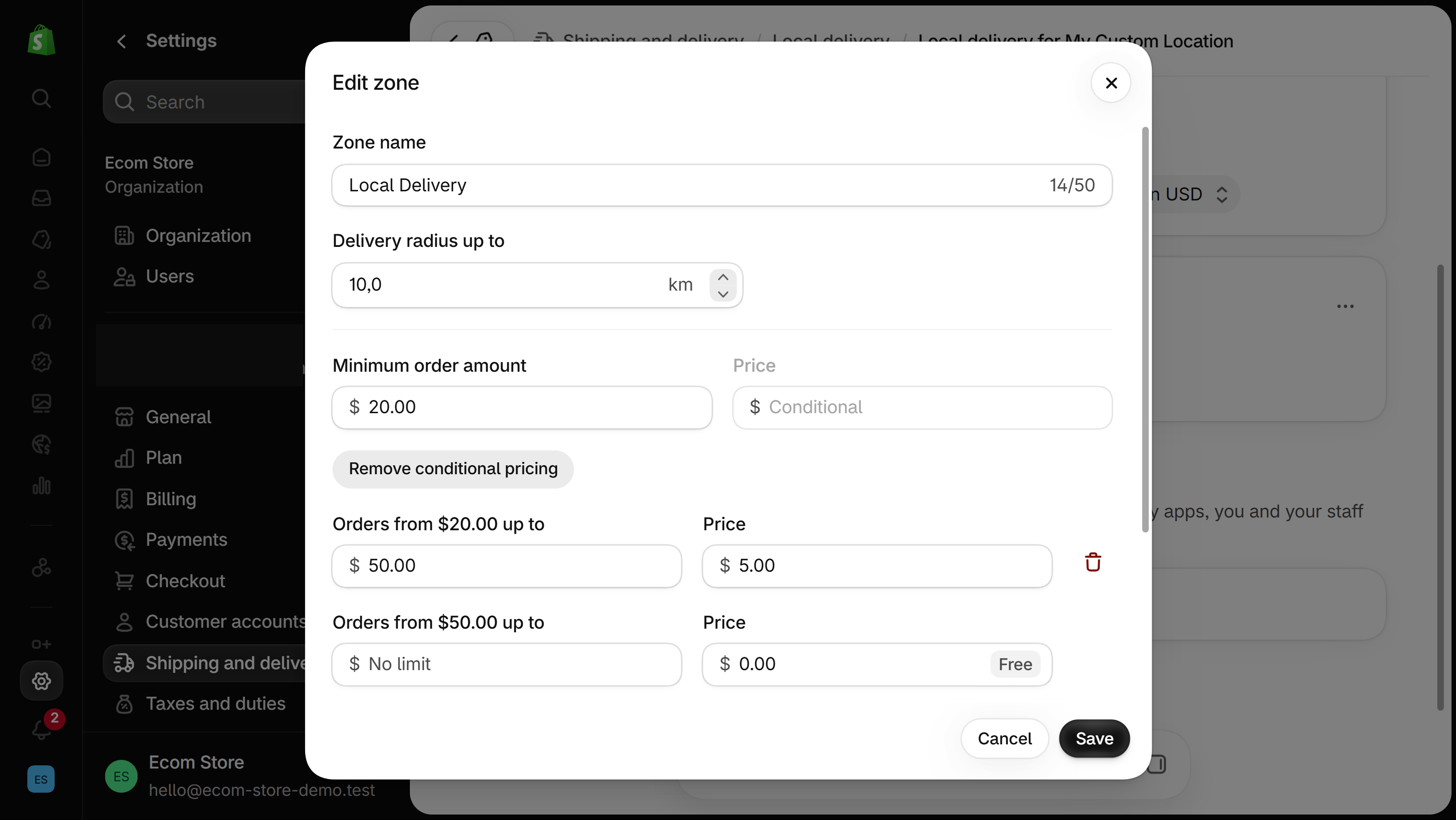 Edit zone dialog: 10 km radius, $20.00 minimum order amount, and conditional pricing of $5.00 for orders from $20 to $50 and free delivery from $50