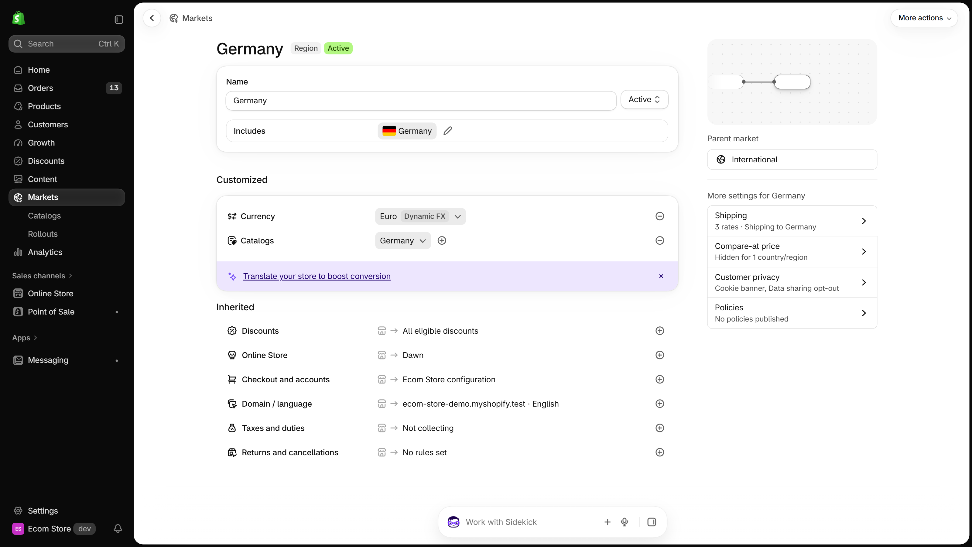Shopify admin Markets page for Germany with Markets highlighted in the left menu: a Customized block with Currency set to Euro and a Dynamic FX badge, and Catalogs; Parent market International on the right; and an Inherited block listing Discounts, Online Store, Checkout and accounts, Domain / language, Taxes and duties, and Returns and cancellations