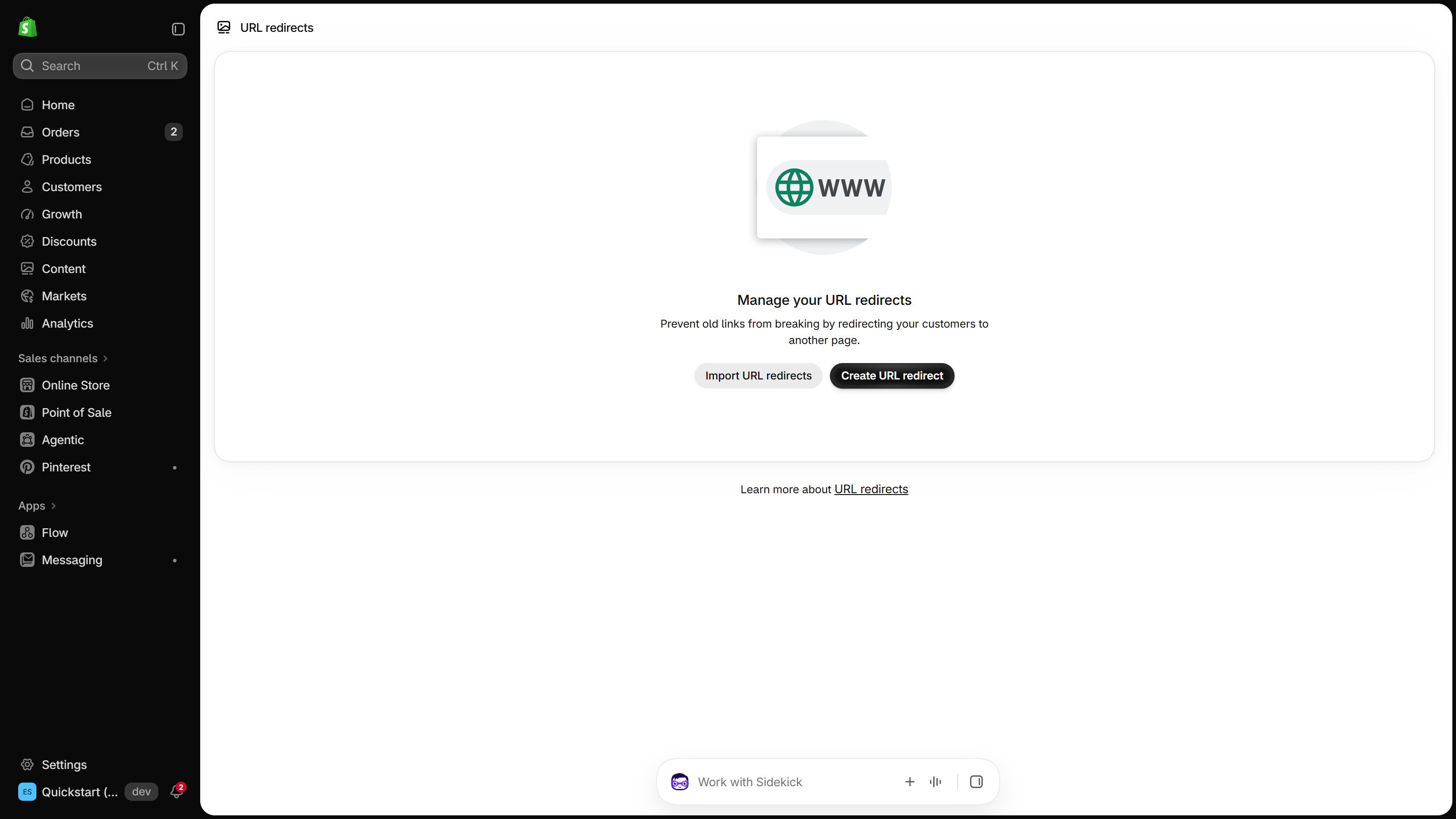 Shopify admin URL redirects page with the heading Manage your URL redirects and two buttons: Import URL redirects and Create URL redirect