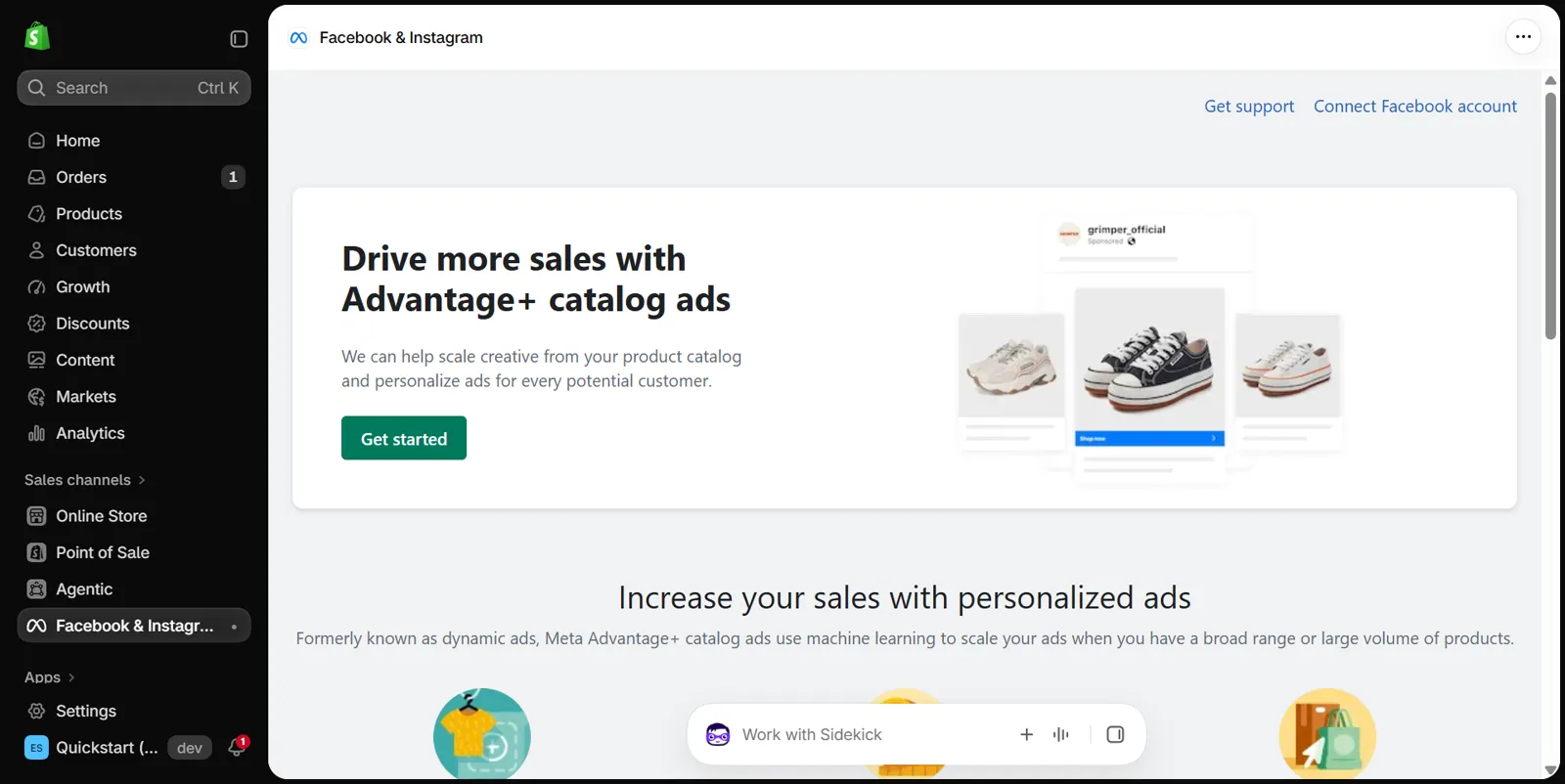 Shopify admin with Facebook & Instagram highlighted under Sales channels in the left menu; the main area shows Get support and Connect Facebook account links and a Get started button under a heading about Advantage+ catalog ads