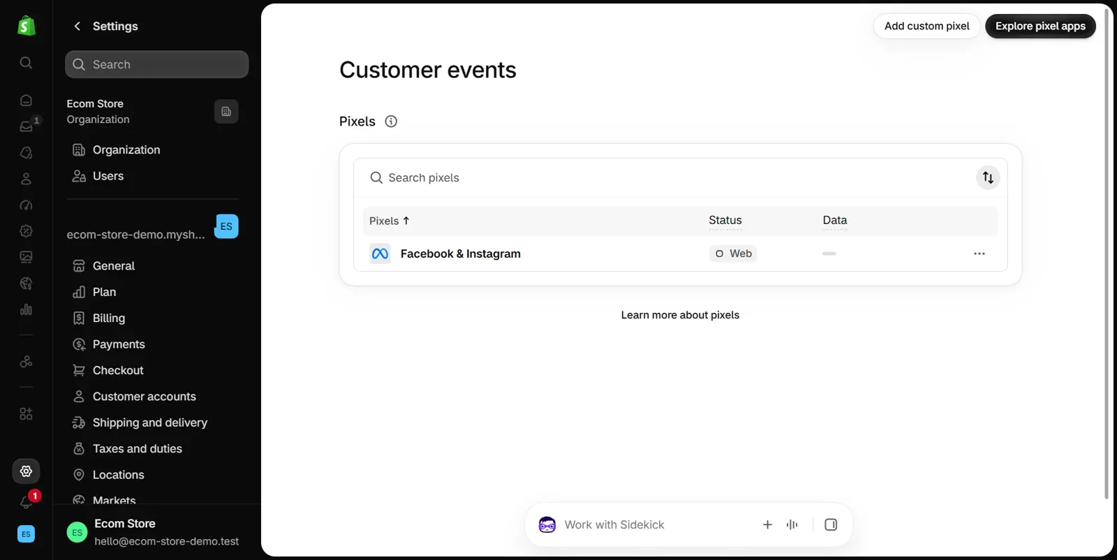Customer events page in the Shopify admin settings: a Pixels list with a single row named Facebook & Instagram marked Web in the Status column, an empty Data column, and Add custom pixel and Explore pixel apps buttons