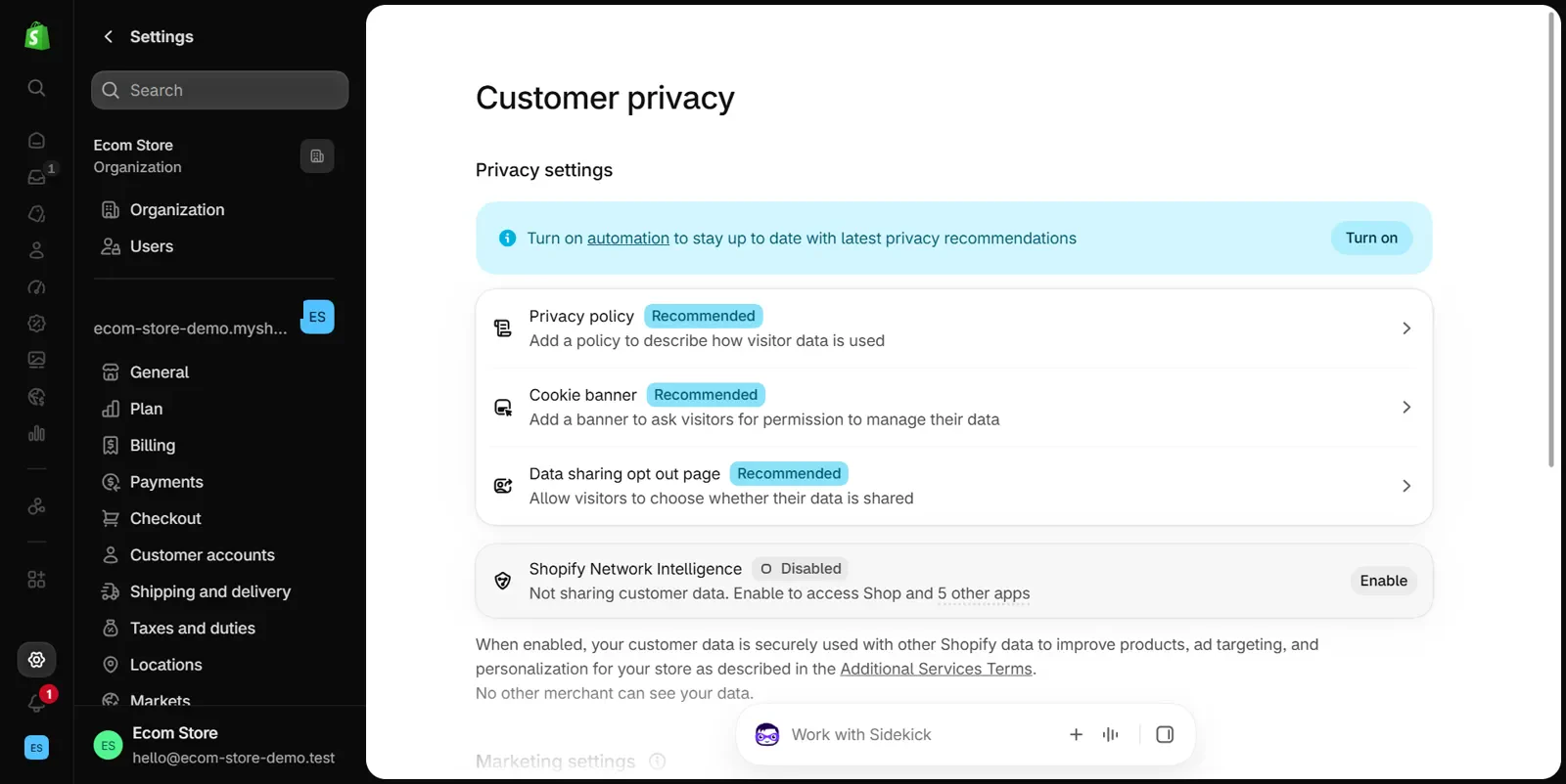 Customer privacy page in the Shopify admin settings with a Privacy settings section listing Privacy policy, Cookie banner and Data sharing opt out page, each with a Recommended label, and a Shopify Network Intelligence block below