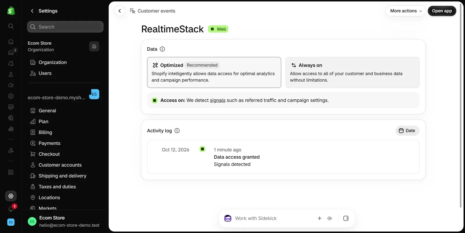App pixel detail page in the Shopify admin for RealtimeStack, marked Web: a Data panel with two options, Optimized with a Recommended label and Always on, a line reading Access on, and an Activity log entry reading Data access granted, Signals detected