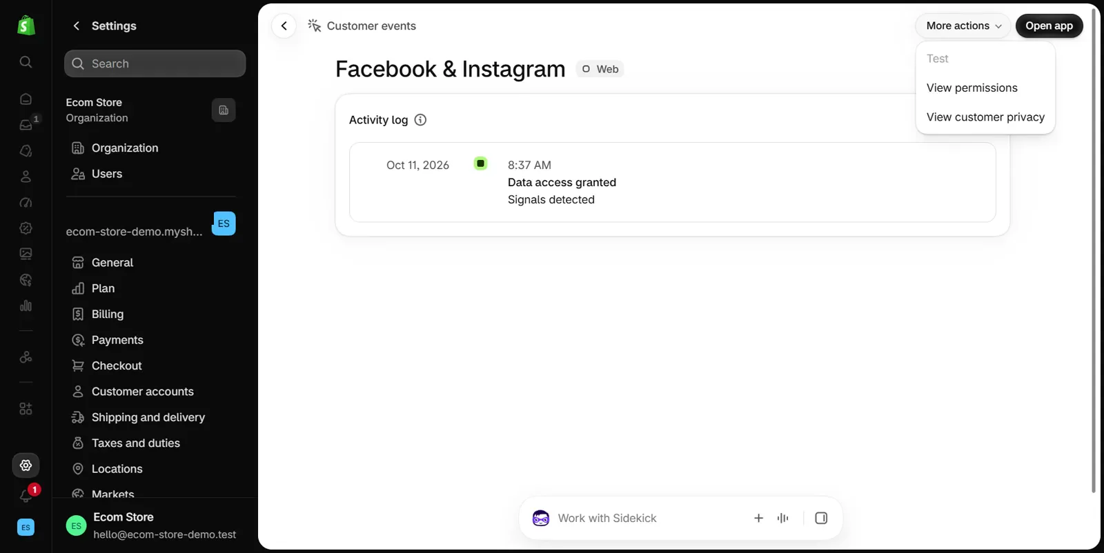 Pixel detail page for Facebook & Instagram in the Shopify admin: an Activity log entry reading Data access granted, Signals detected, and an open More actions menu listing Test, View permissions and View customer privacy