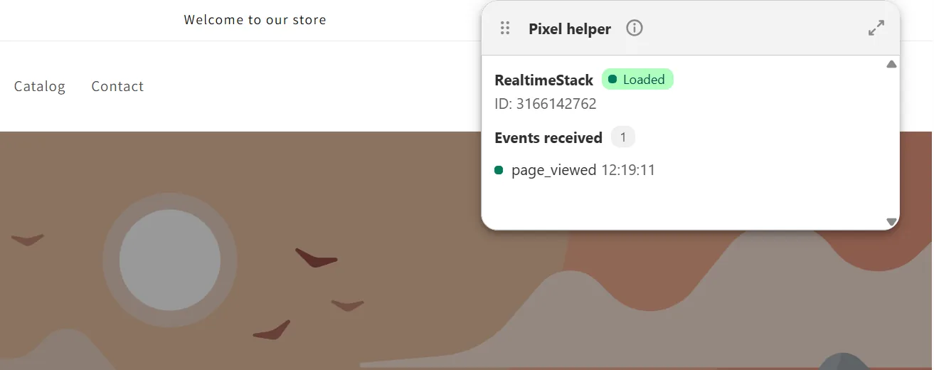 Shopify Pixel Helper panel over a storefront page: the RealtimeStack pixel marked Loaded with its ID, Events received 1, and a page_viewed event with a timestamp