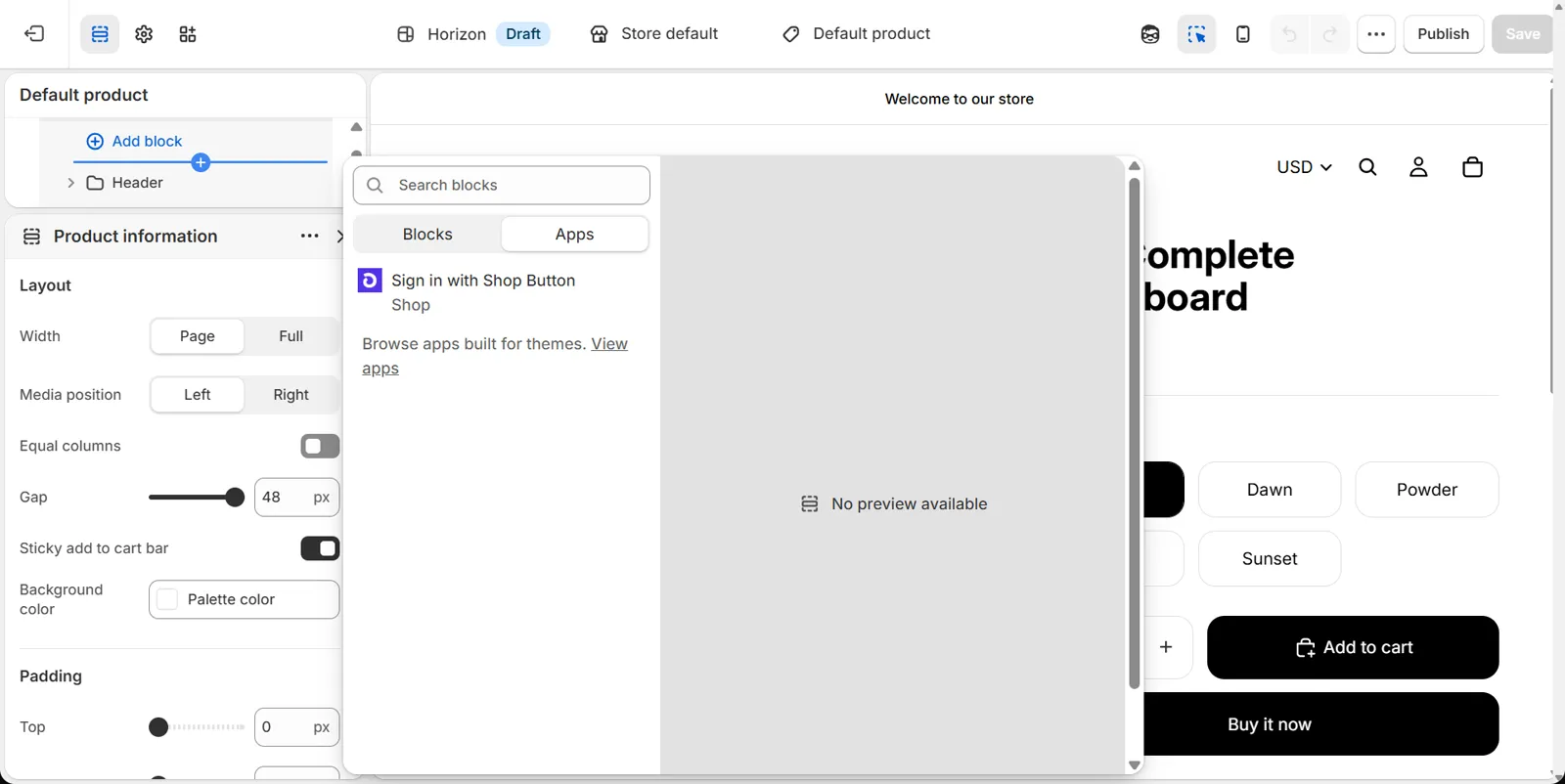 Shopify theme editor for the Horizon theme on the Default product template: Add block picker open with the Apps tab showing the app block Sign in with Shop Button from the Shop app