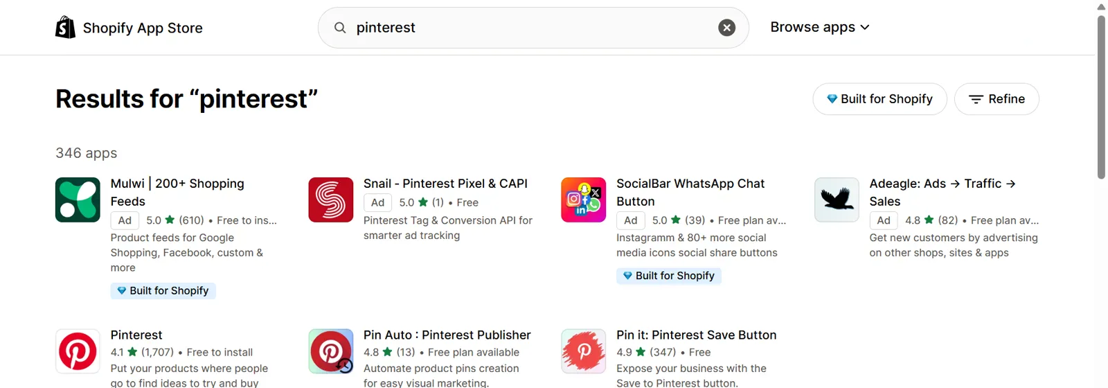 Shopify App Store search results for pinterest, with sponsored apps in the first row and the free app named Pinterest at the start of the second row