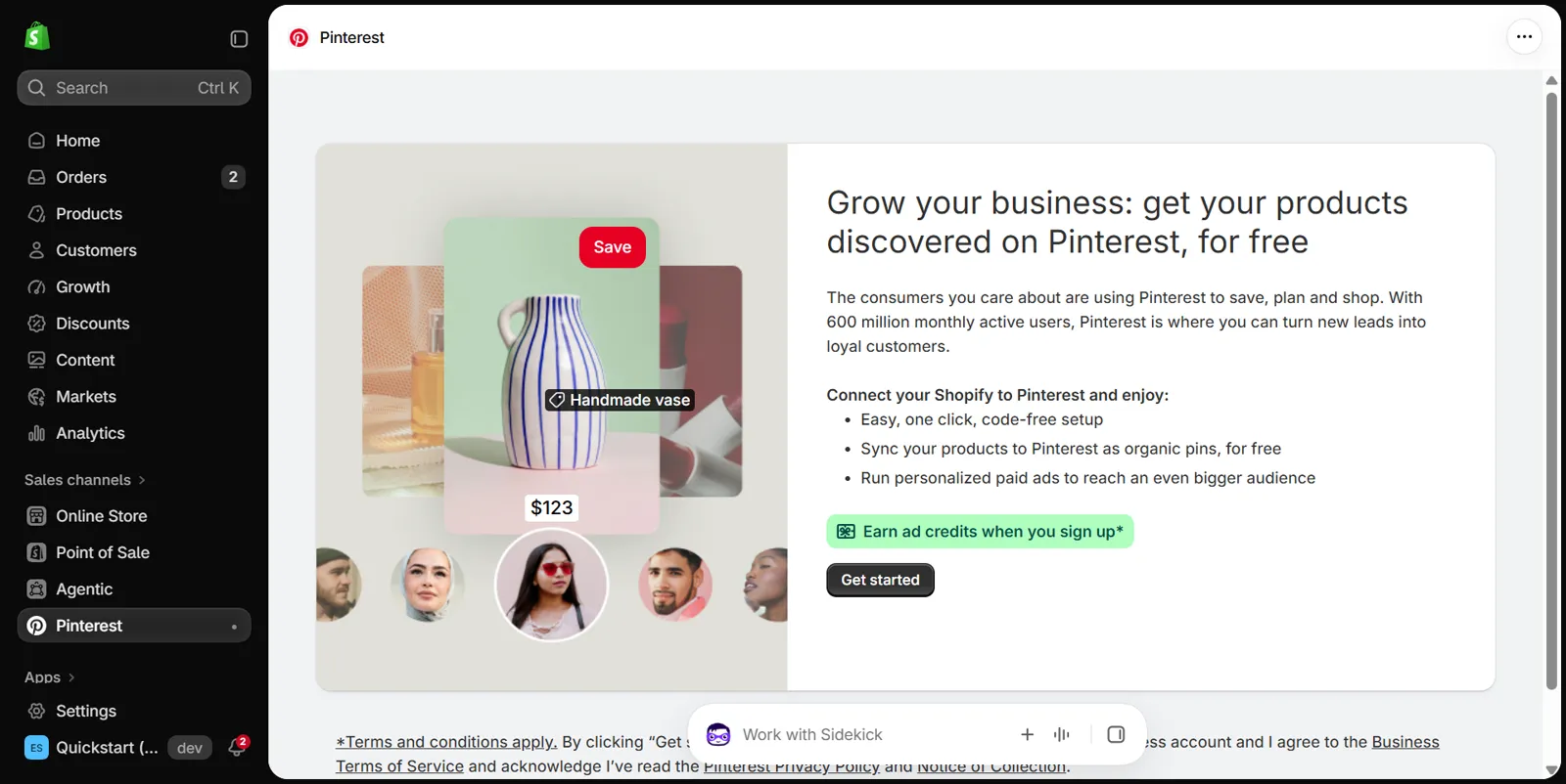 First screen of the Pinterest channel in the Shopify admin after install, with the headline Grow your business: get your products discovered on Pinterest, for free, a list of benefits and a Get started button