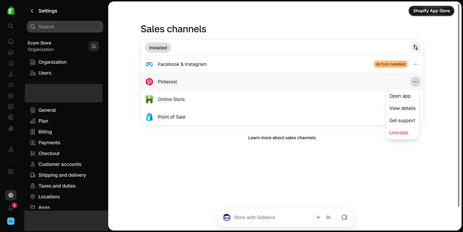 Settings > Sales channels in the Shopify admin with the ⋯ menu beside Pinterest open, listing Open app, View details, Get support and Uninstall