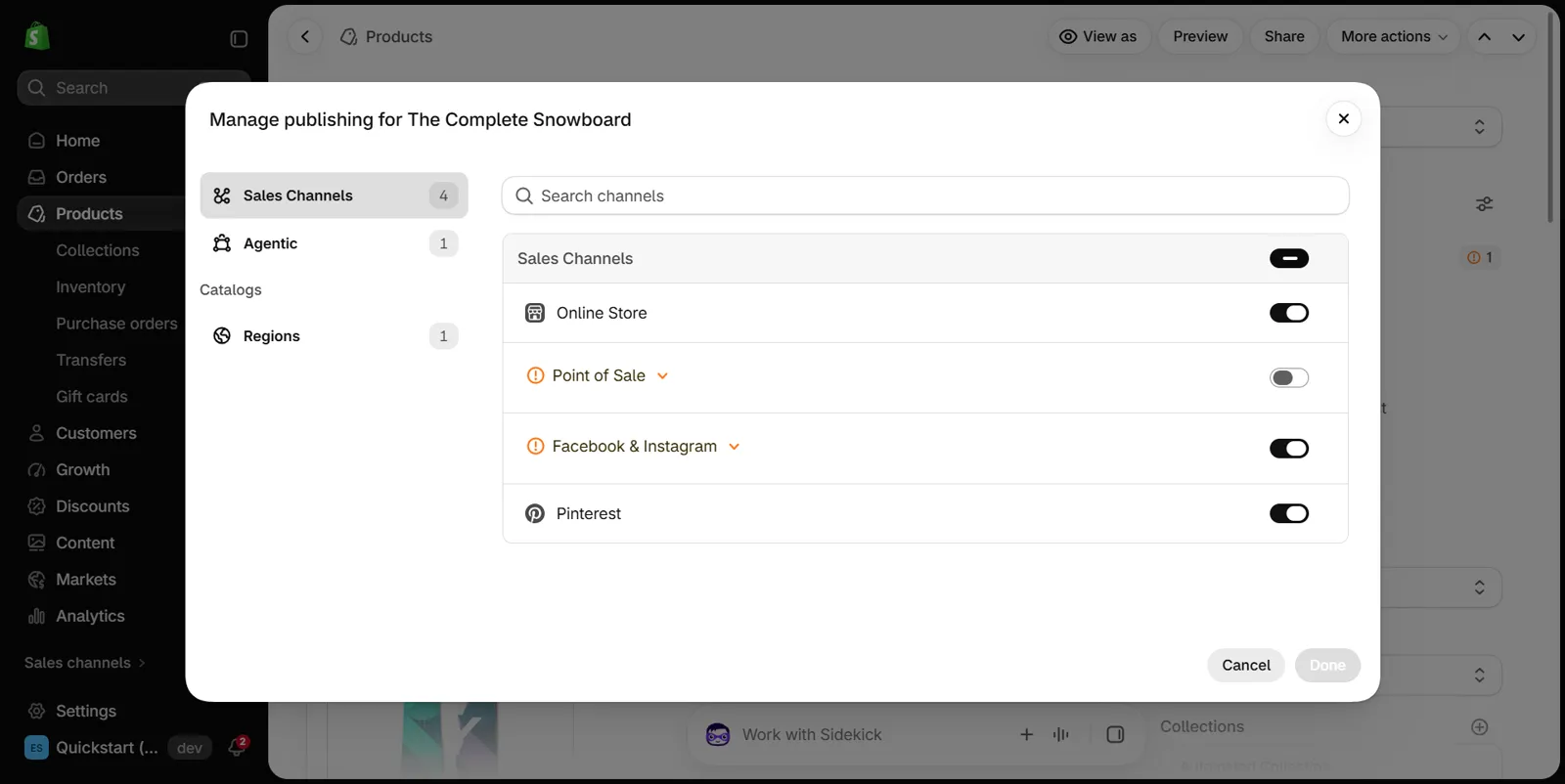 Manage publishing dialog for a product in the Shopify admin, listing sales channels with switches, Pinterest among them and switched on
