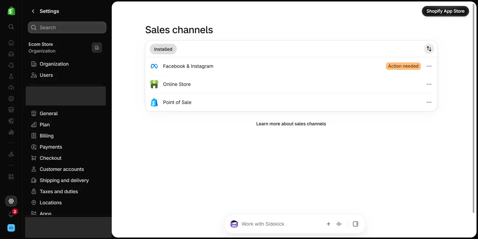 Sales channels page in the Shopify admin settings, with an Installed list of Facebook & Instagram, Online Store and Point of Sale and a Shopify App Store button at the top right