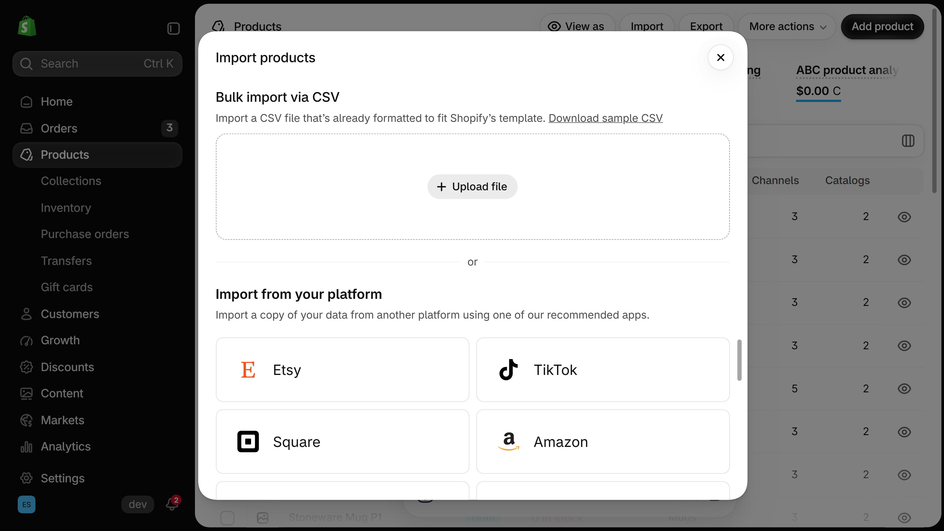 Shopify admin Products page with the Import products dialog open: Bulk import via CSV with an Upload file button and a Download sample CSV link, and Import from your platform tiles for Etsy, TikTok, Square and Amazon