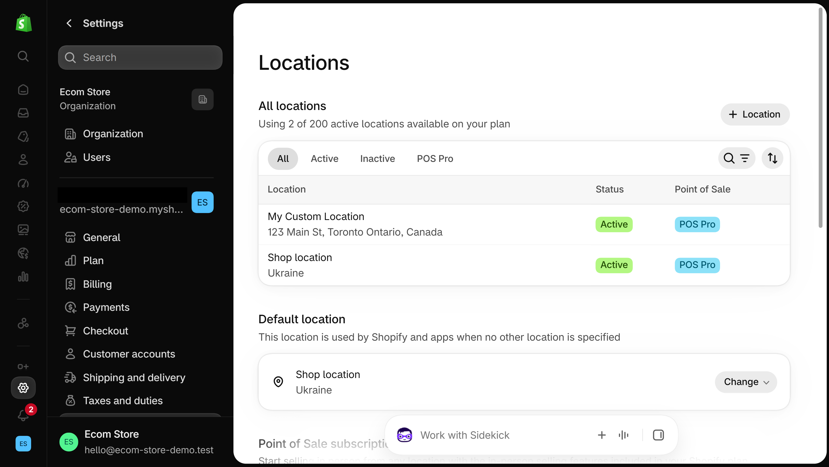 Locations settings page listing two locations, each with a green Active badge in the Status column.