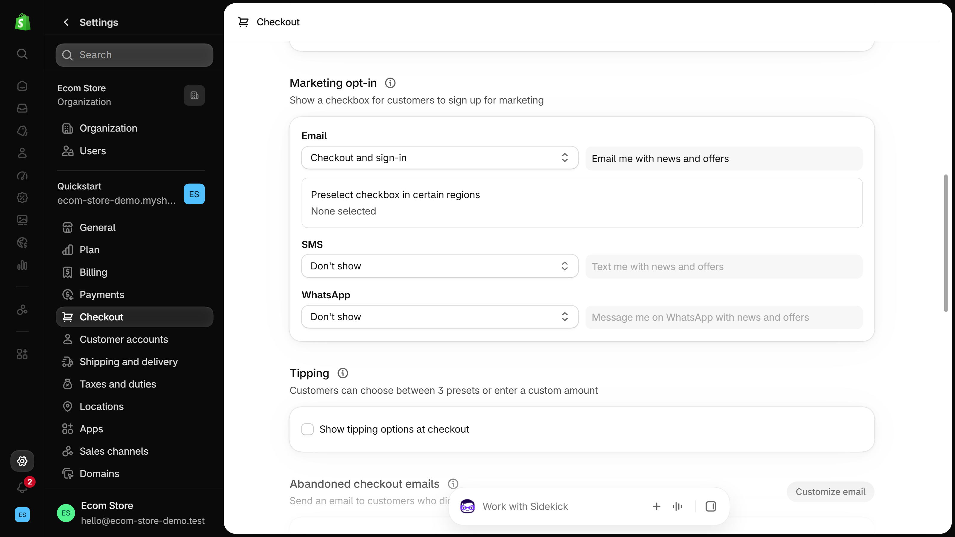 Shopify admin Settings, Checkout page, Marketing opt-in section: Email set to Checkout and sign-in, Preselect checkbox in certain regions showing None selected, and SMS and WhatsApp set to Don't show