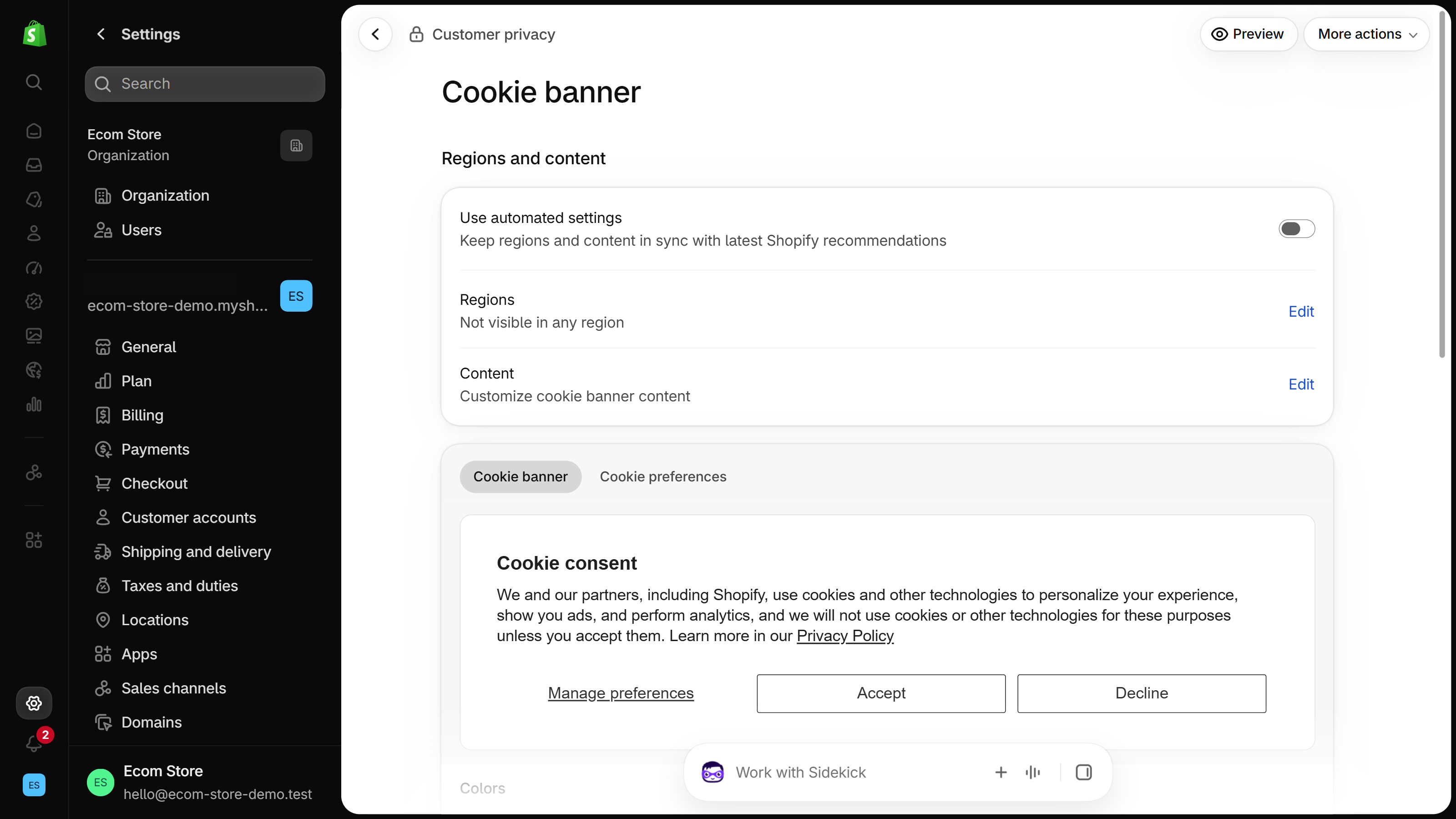 Shopify admin Settings, Customer privacy, Cookie banner page with Use automated settings switched off, Regions set to not visible in any region, a Content row, and a preview of the Cookie consent banner with Accept and Decline