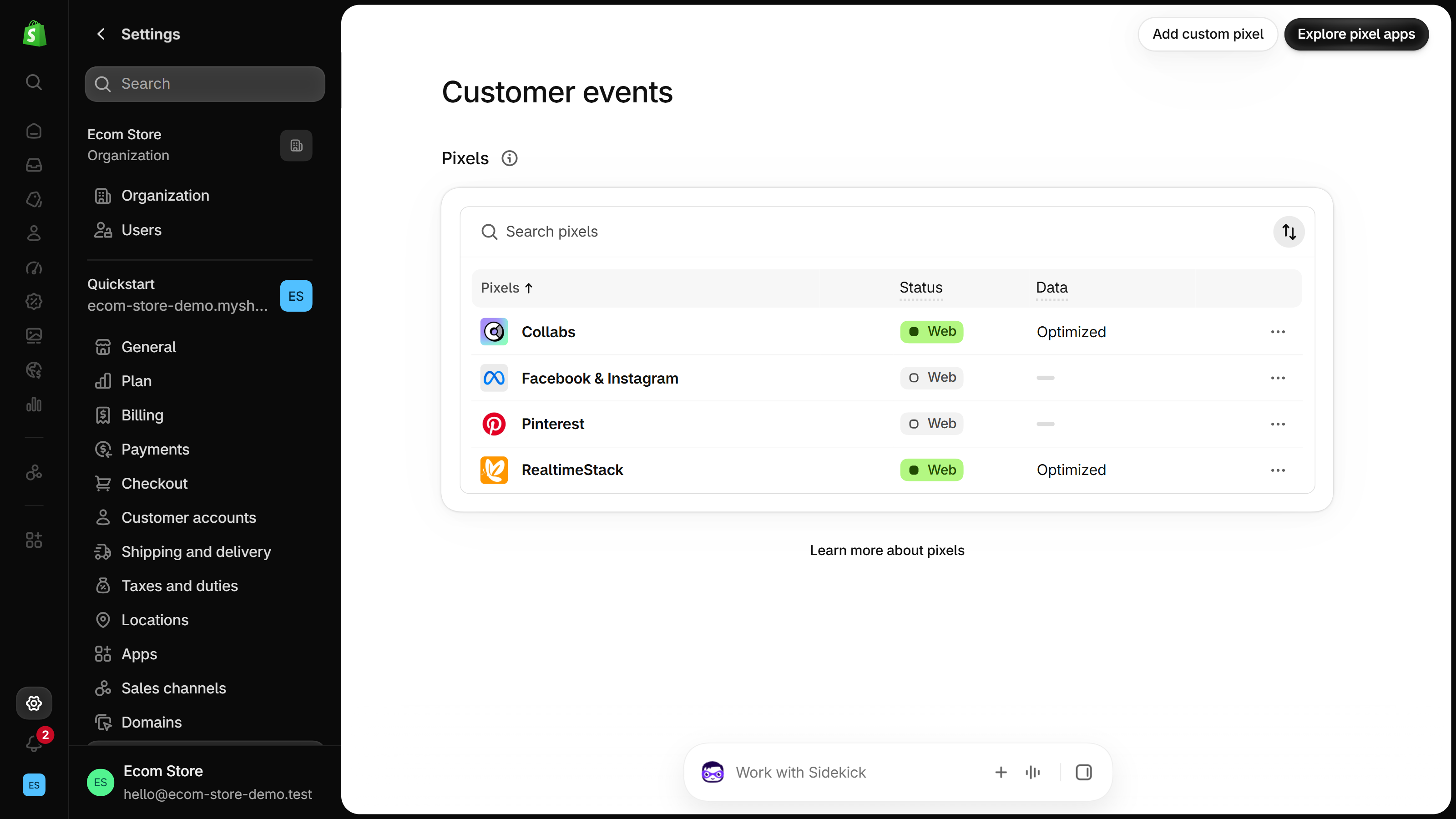 Shopify admin Settings, Customer events page listing four pixels, each with a Web status and two with Data marked Optimized, and buttons for Add custom pixel and Explore pixel apps