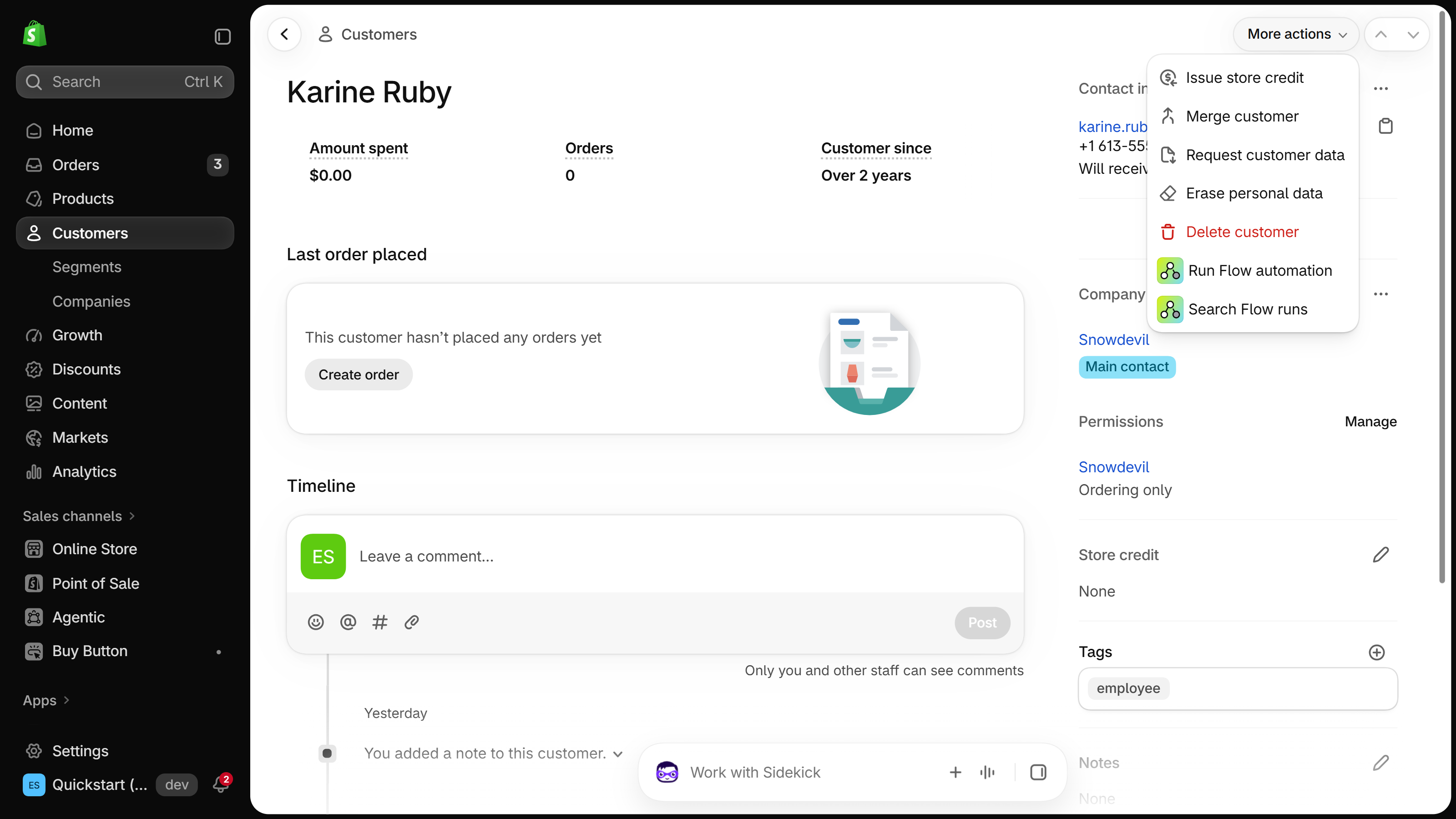 Shopify admin customer profile with the More actions menu open, listing Issue store credit, Merge customer, Request customer data, Erase personal data, Delete customer and Flow options