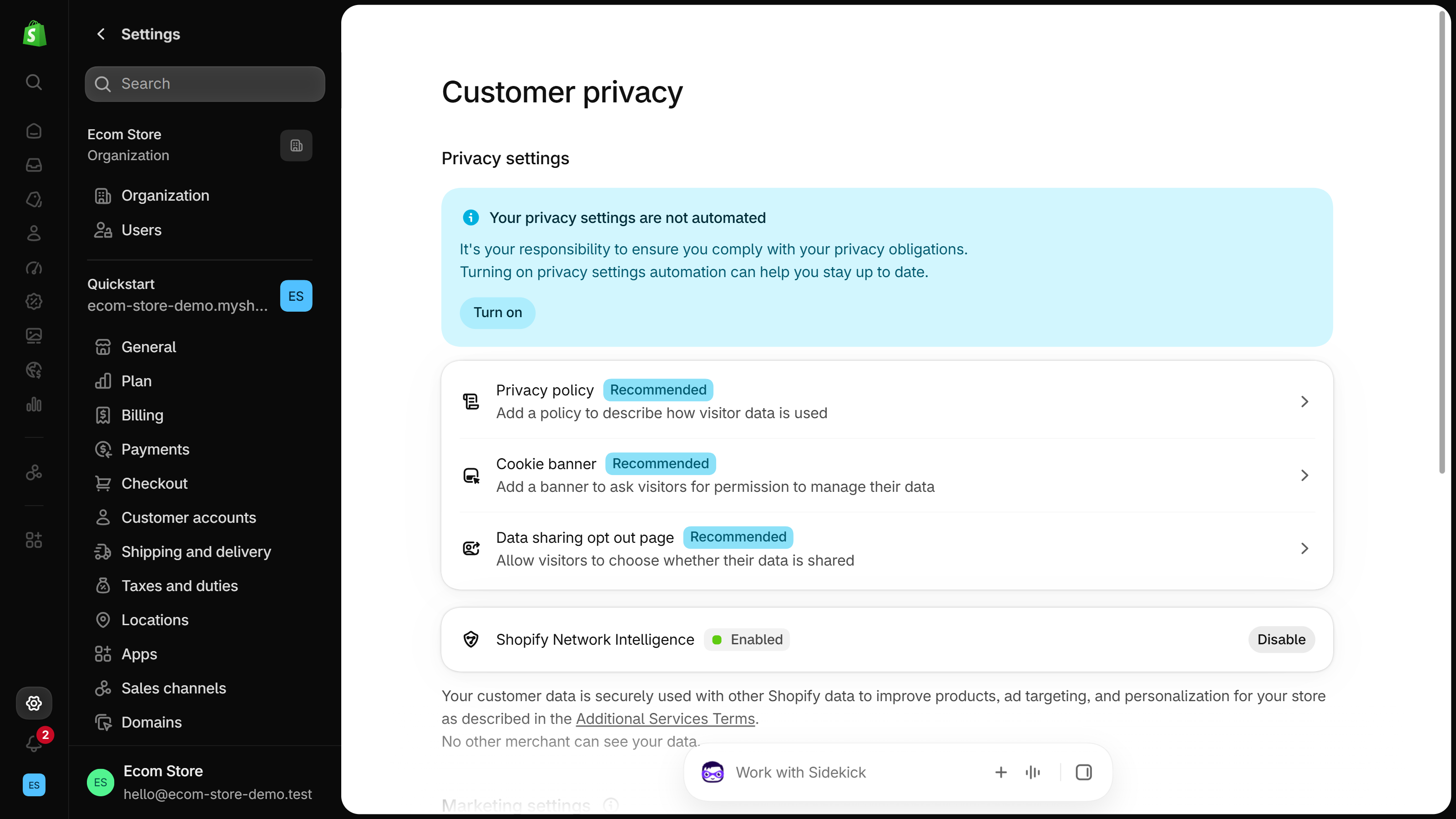 Shopify admin Settings, Customer privacy page: a notice that privacy settings are not automated with a Turn on button, then rows for Privacy policy, Cookie banner and Data sharing opt out page, and Shopify Network Intelligence marked Enabled with a Disable button