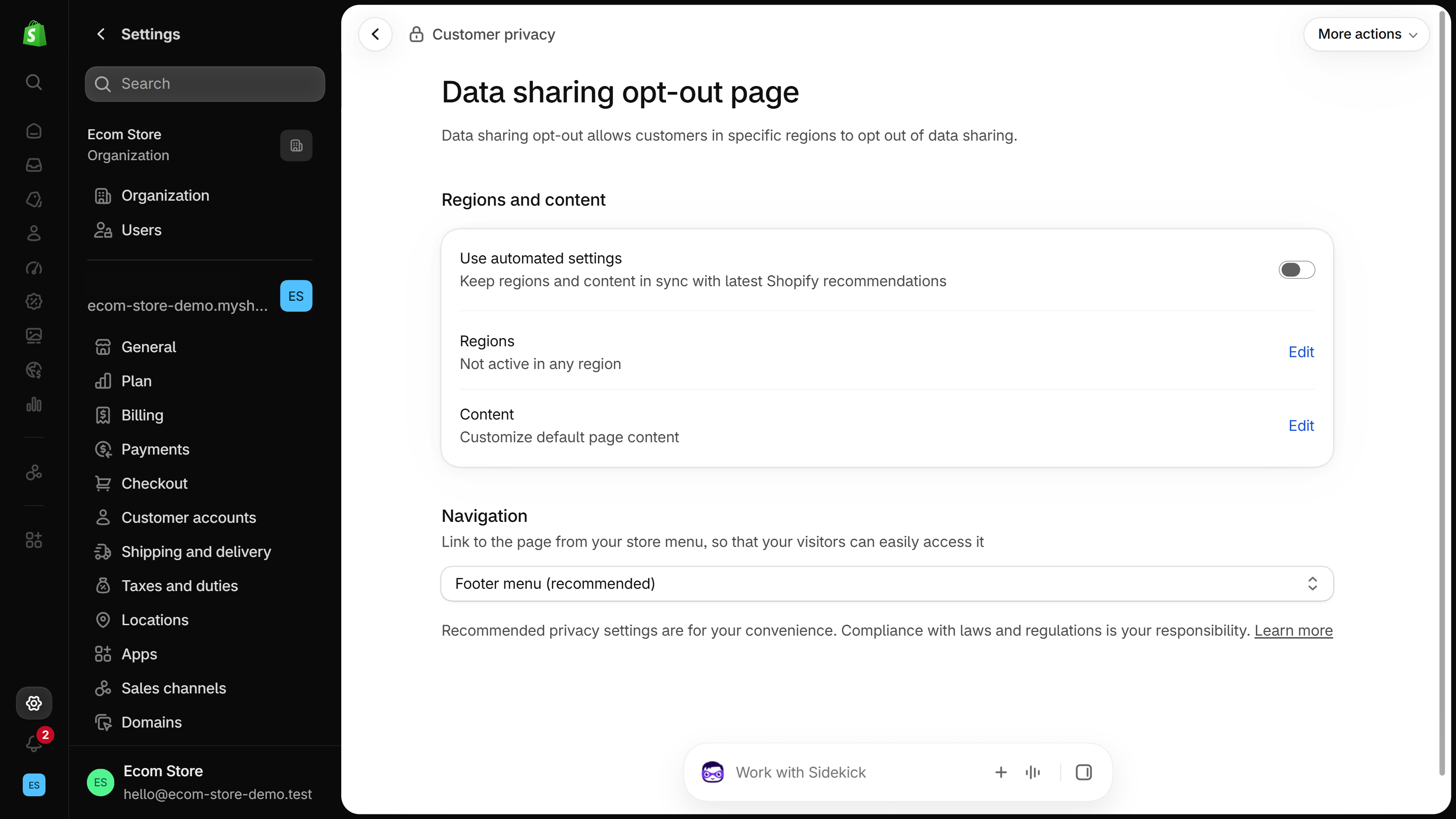 Shopify admin Settings, Customer privacy, Data sharing opt-out page with Use automated settings switched off, Regions not active in any region, a Content row, and a Navigation menu set to Footer menu (recommended)