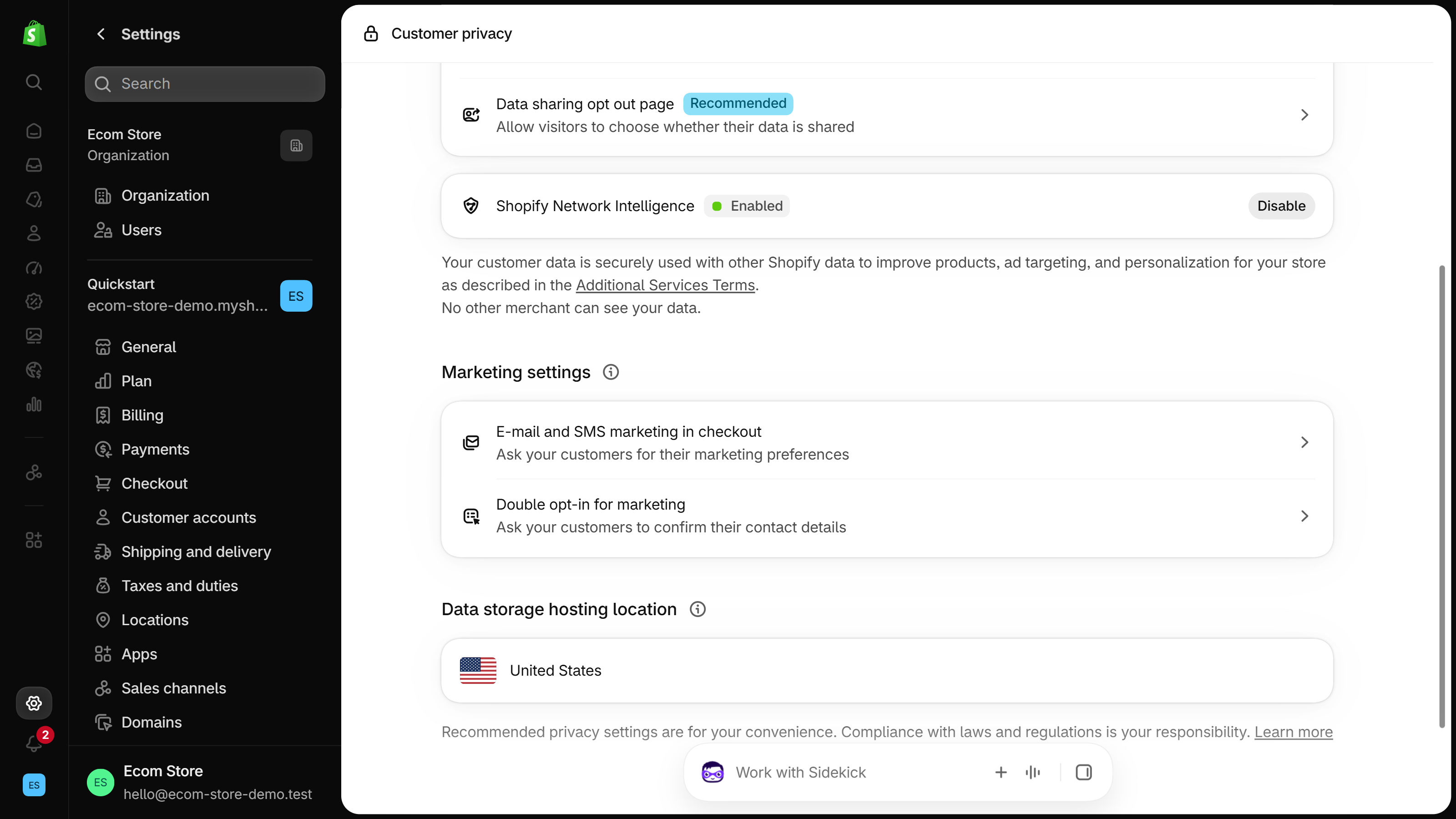 Lower part of the Shopify admin Customer privacy page: Shopify Network Intelligence marked Enabled with a Disable button and a note about Additional Services Terms, then Marketing settings with E-mail and SMS marketing in checkout and Double opt-in for marketing, then Data storage hosting location