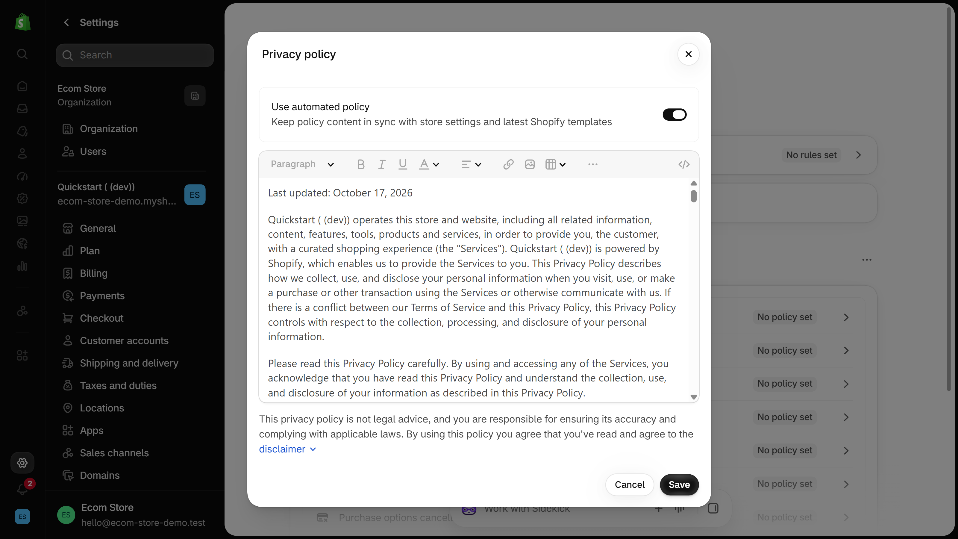 Shopify admin Settings, Policies page with the Privacy policy dialog open and a Use automated policy switch above the policy text